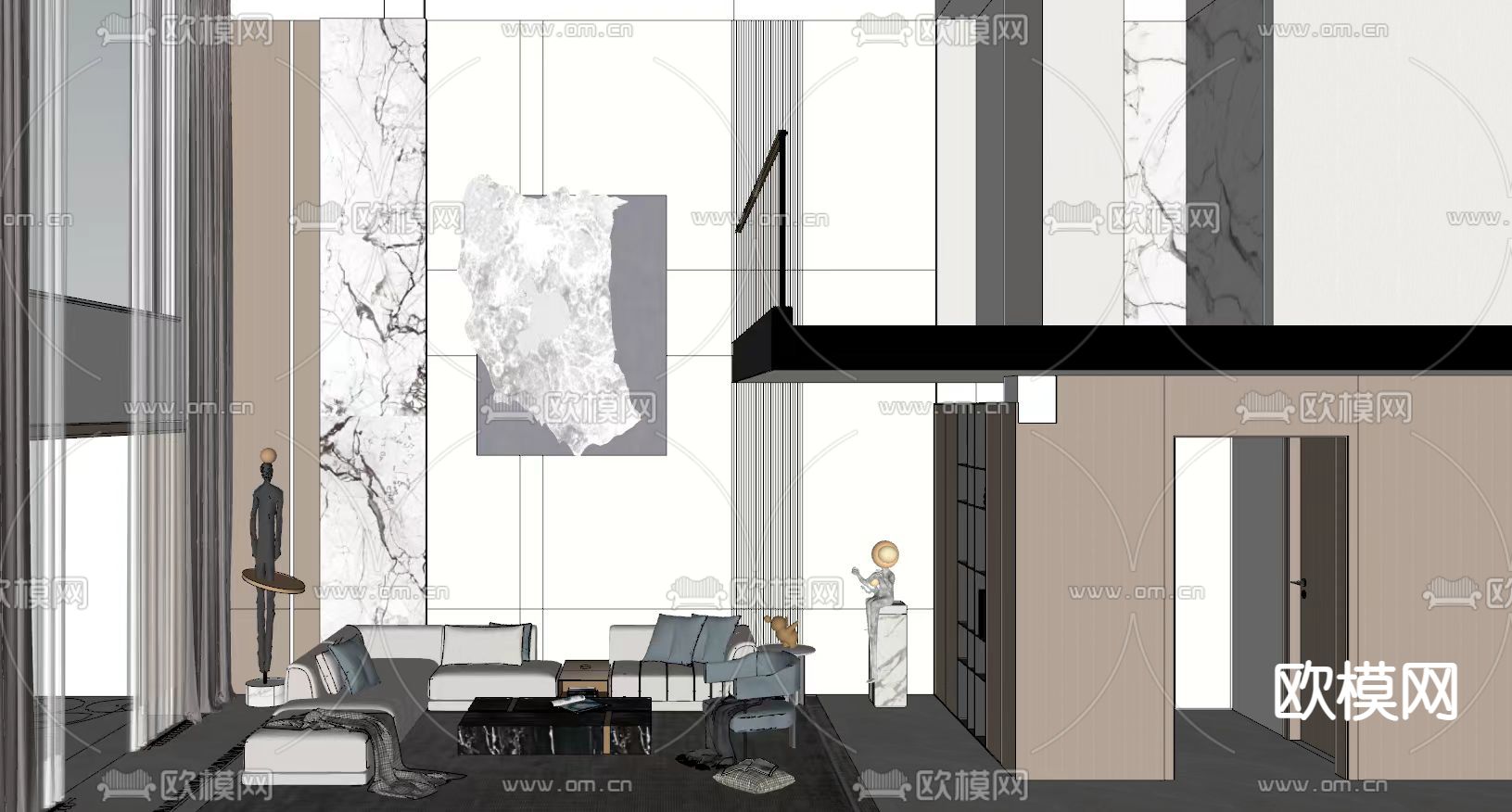 挑空别墅客厅su模型下载（渲染图1）