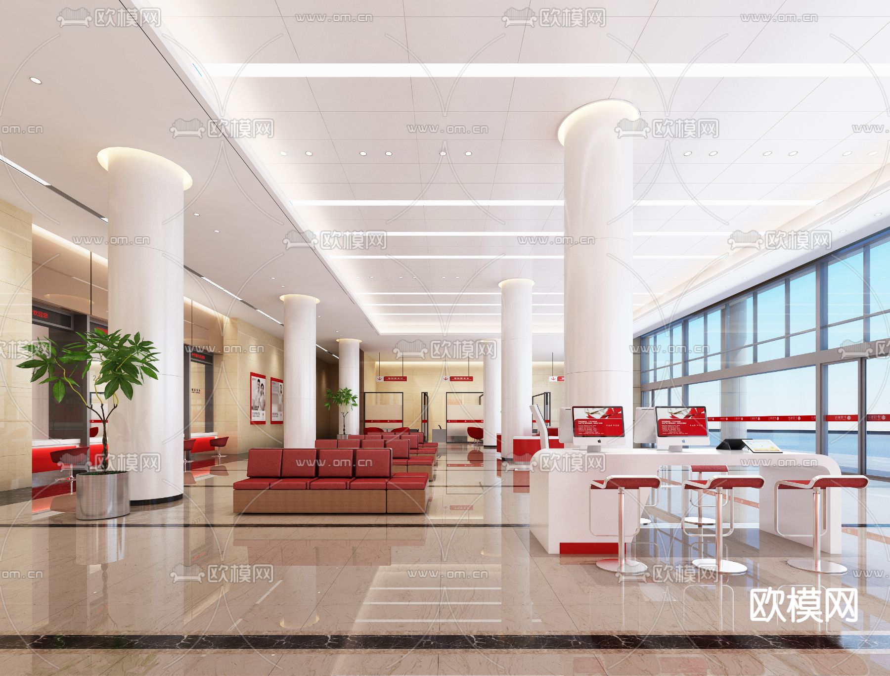 现代银行大堂 办事大厅su模型下载（渲染图2）