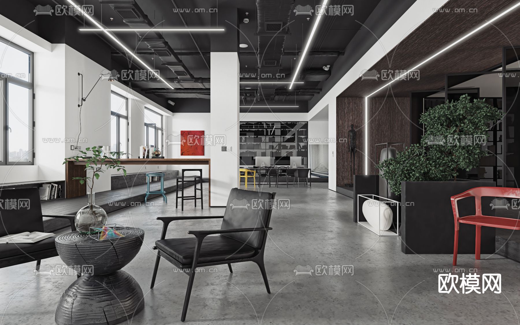 高级灰办公室 办公区3d模型下载（渲染图1）