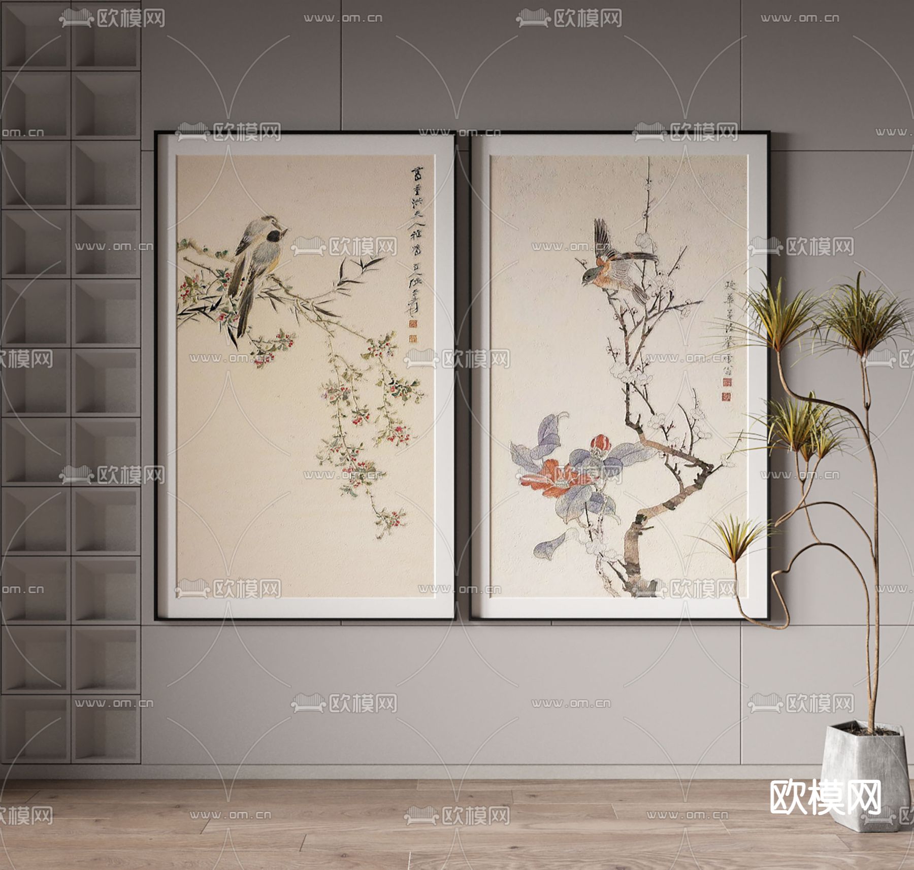 新中式装饰画 花鸟画 艺术画3d模型下载
