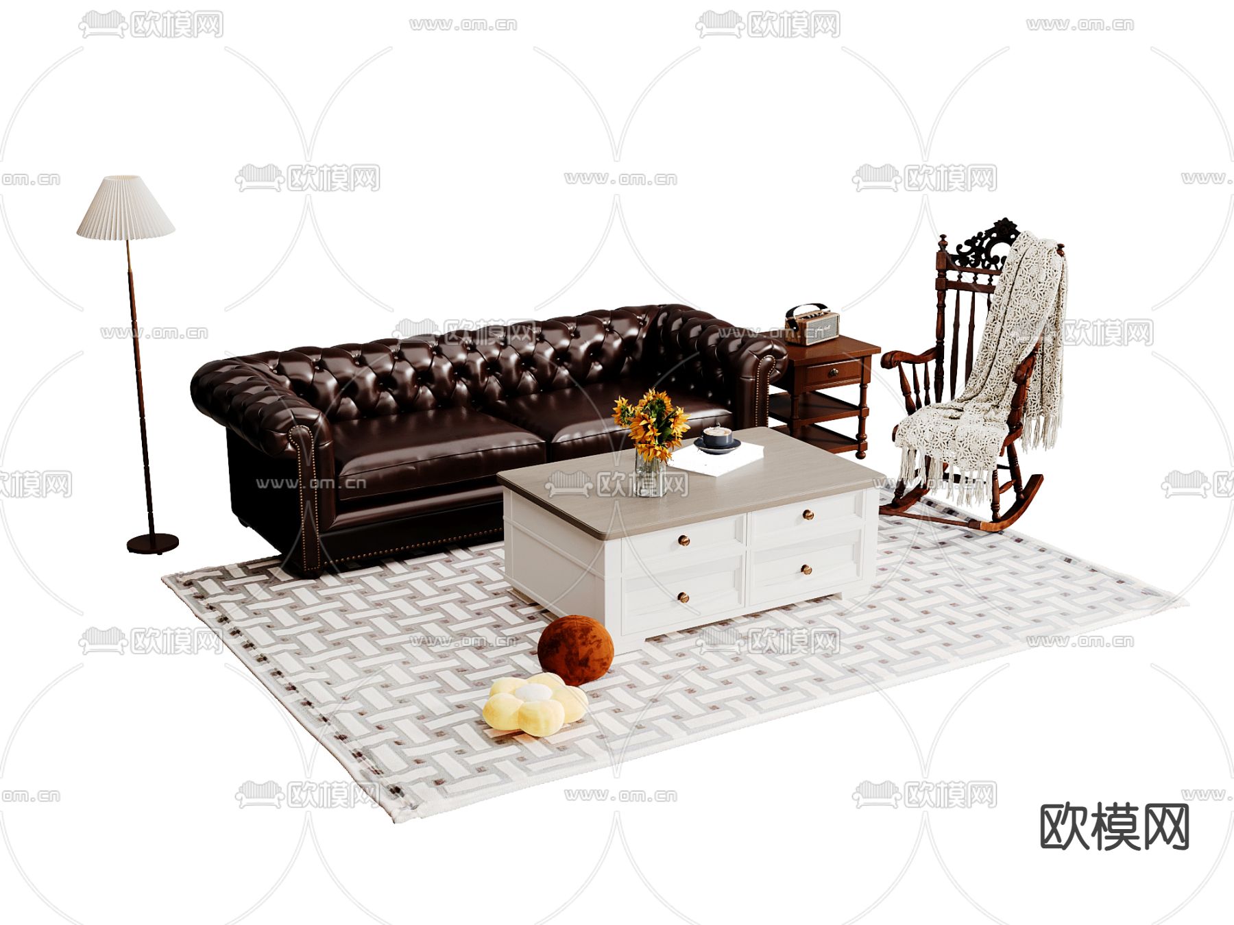 美式组合沙发  拉扣沙发3d模型下载
