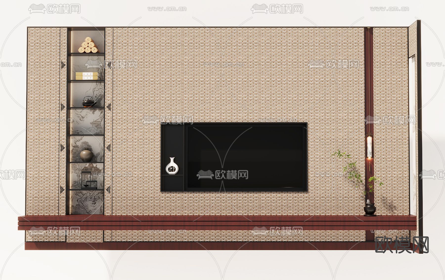 新中式背景墙3d模型下载