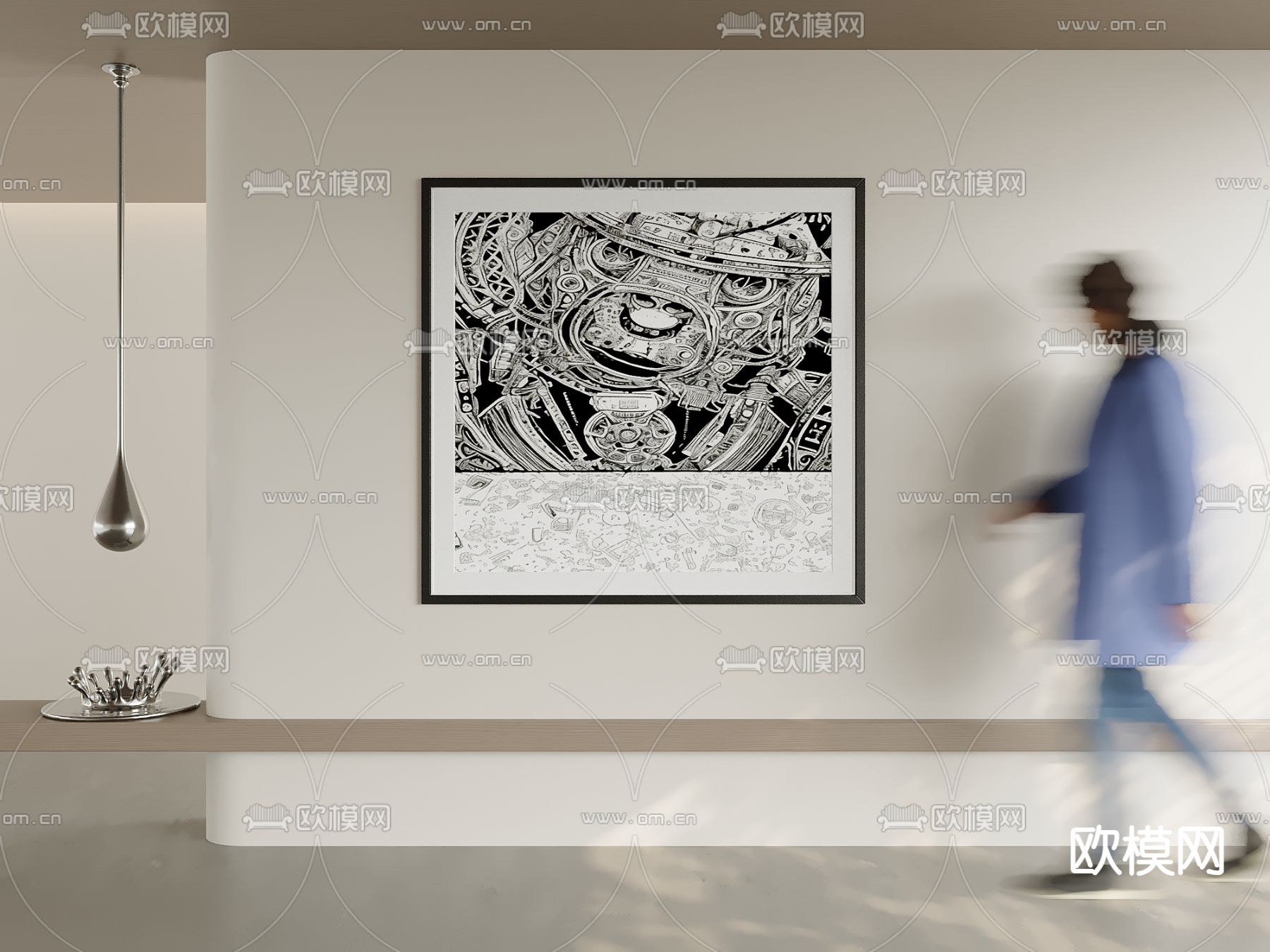 现代装饰画 挂画 黑白手绘3d模型下载