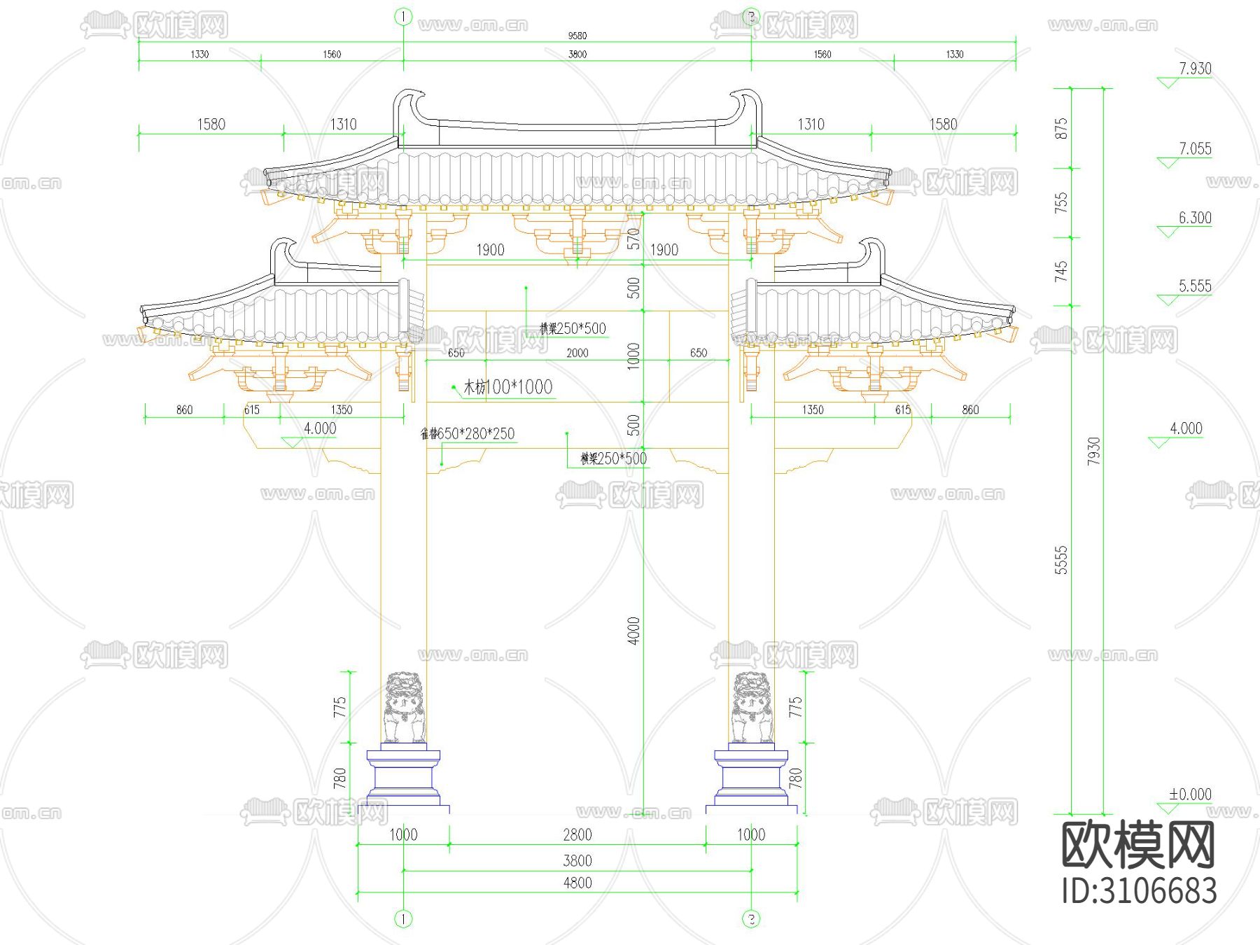 仿唐牌坊全套cad大样图下载（渲染图1）