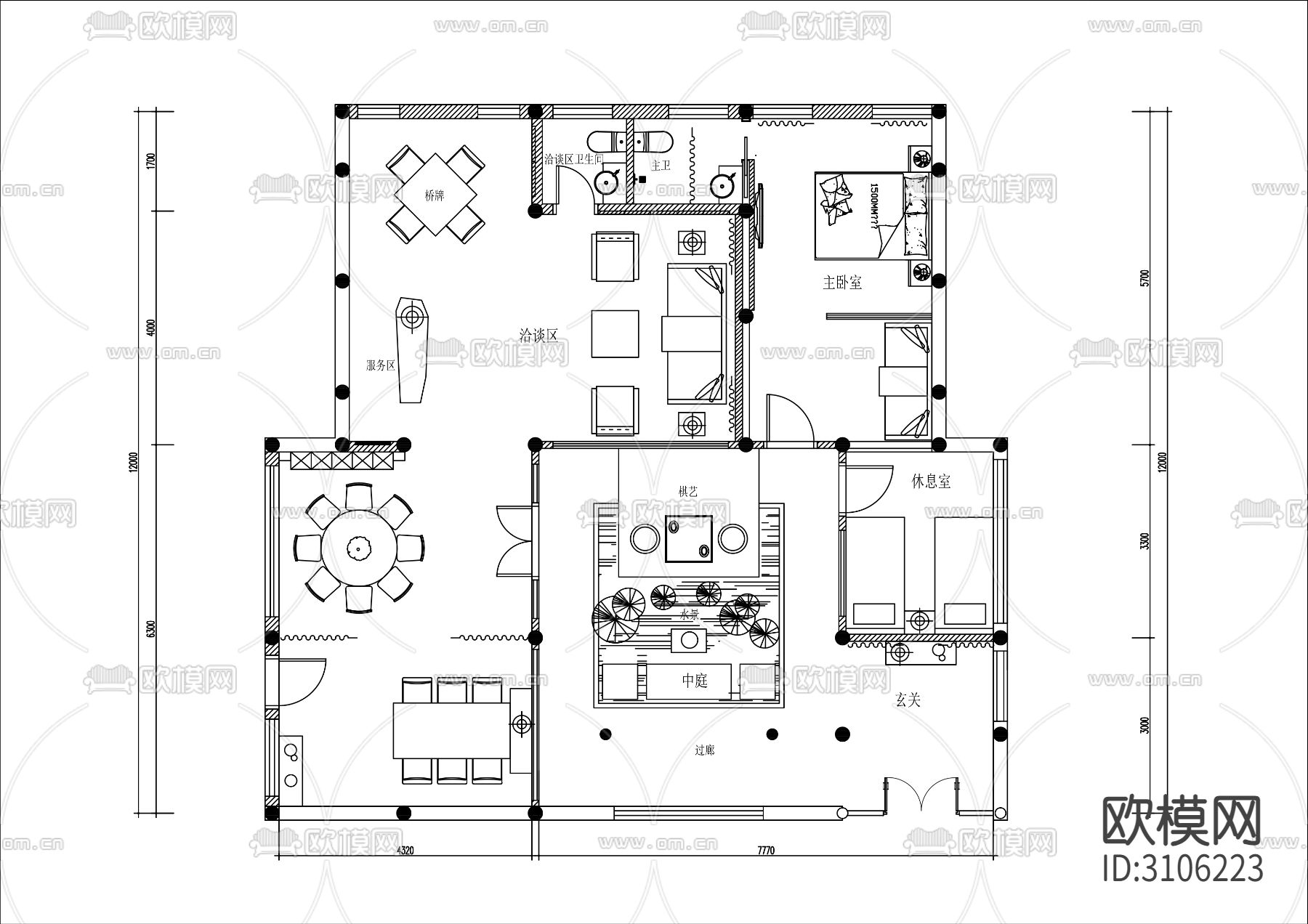 120㎡茶楼棋牌会所cad平面图下载（渲染图1）