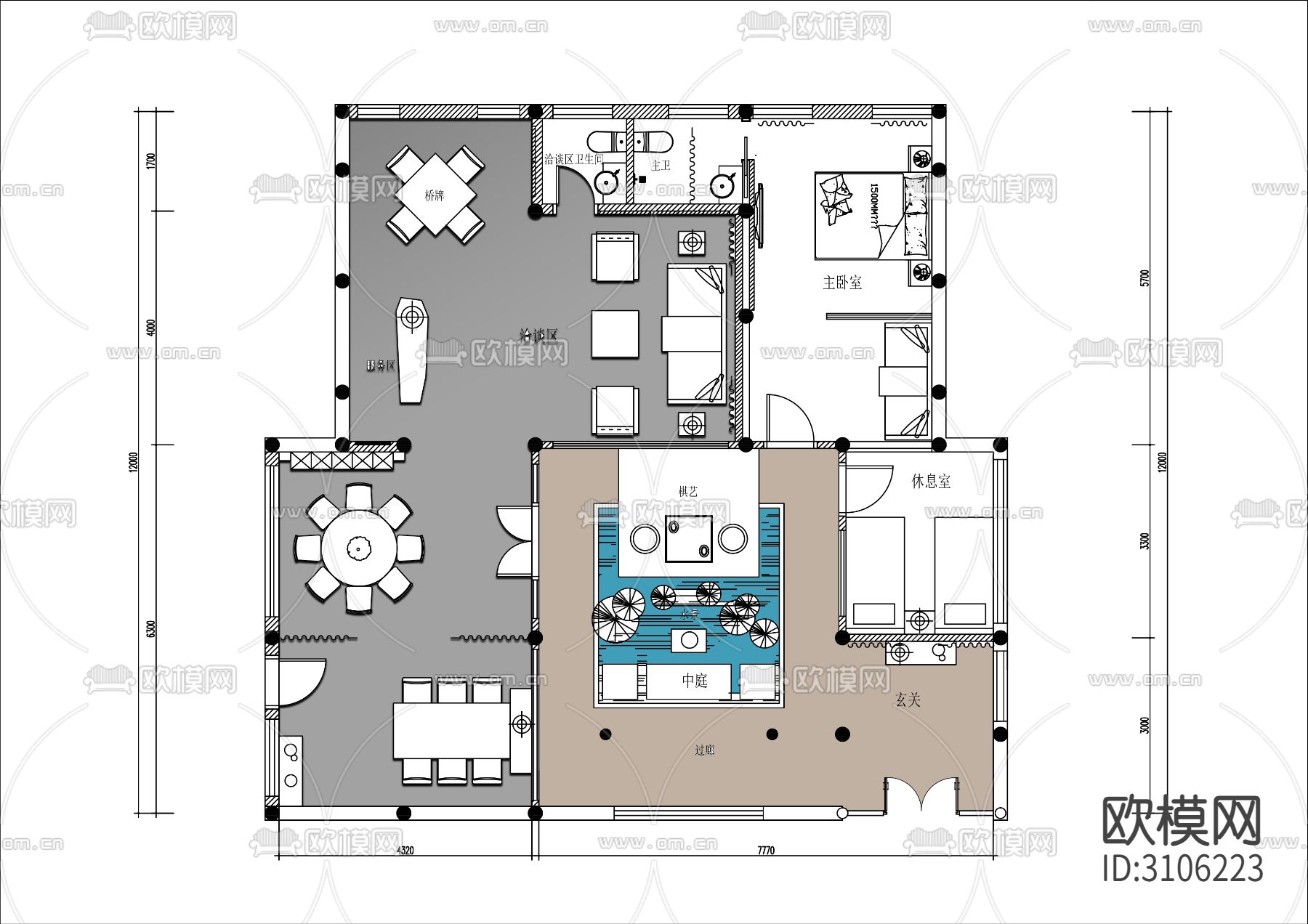 120㎡茶楼棋牌会所cad平面图下载（渲染图2）