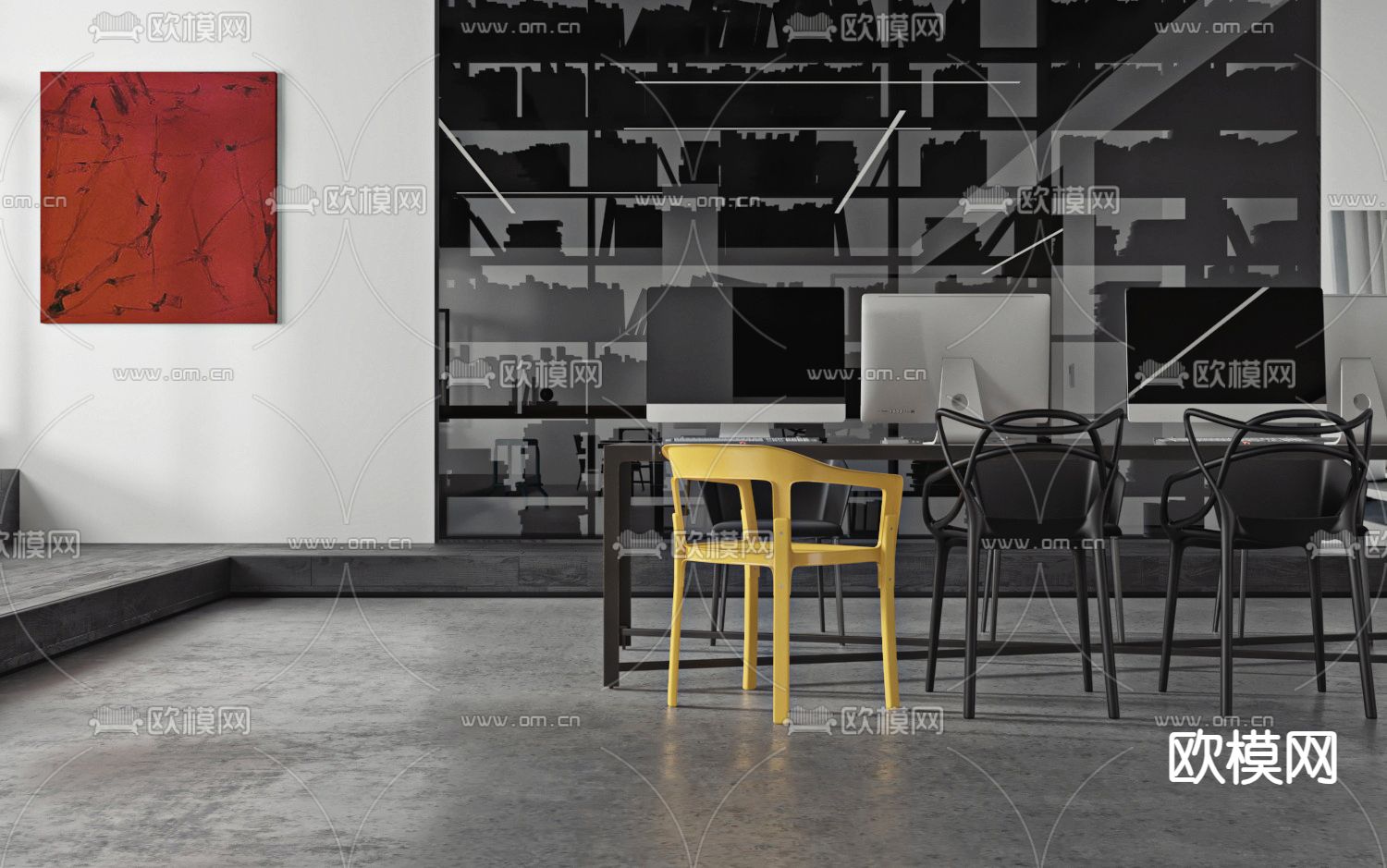 高级灰办公室 办公区3d模型下载（渲染图2）