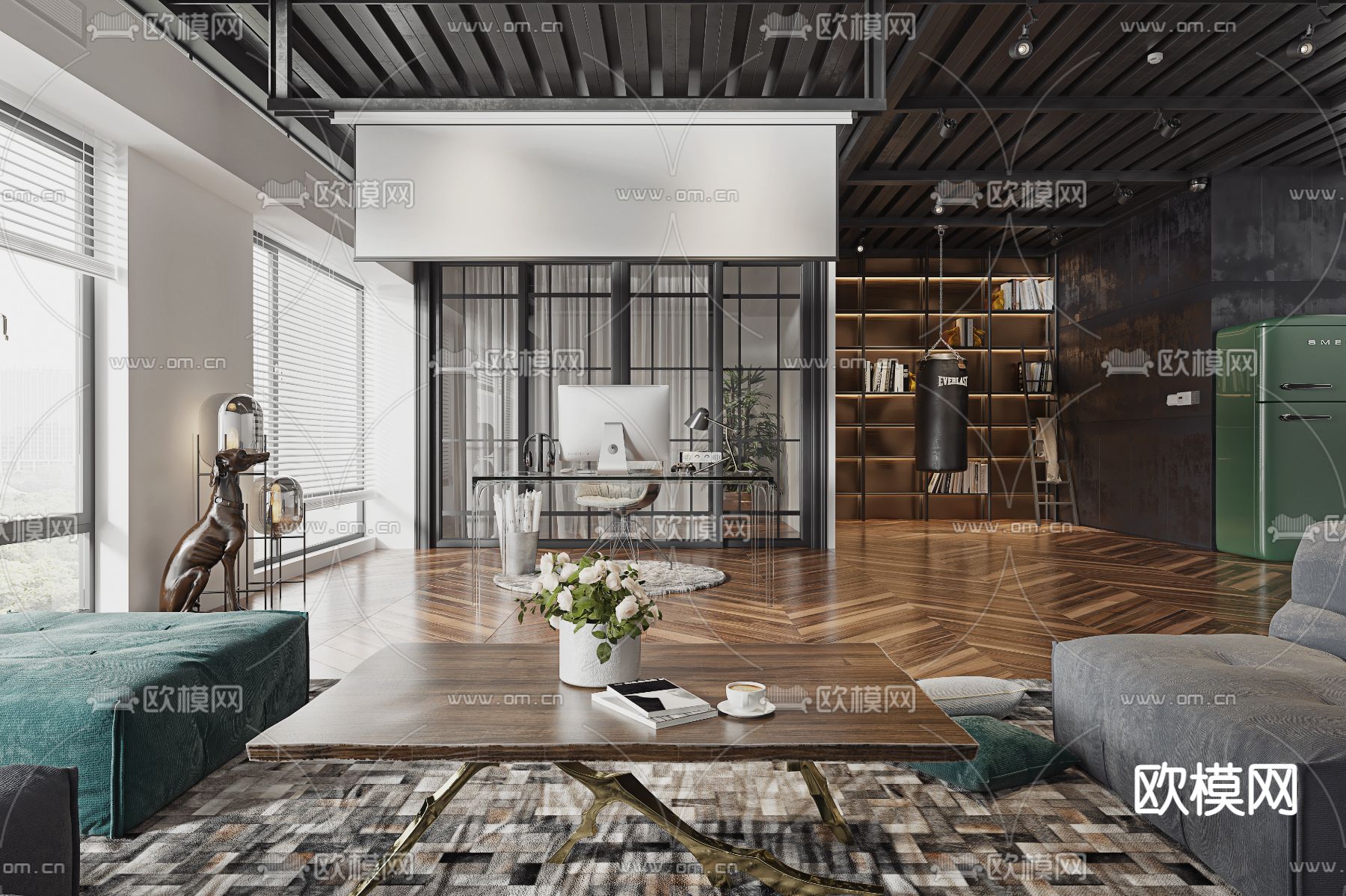 高级灰办公室 办公区3d模型下载（渲染图4）