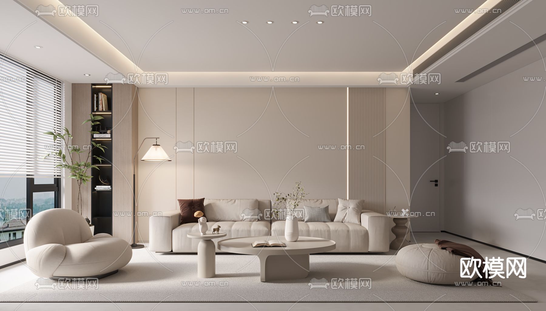 奶油风客厅3d模型下载