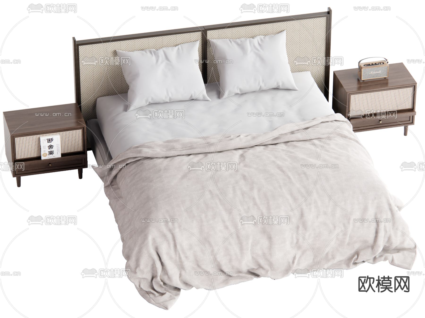 侘寂风双人床 中古风双人床su模型下载（渲染图1）