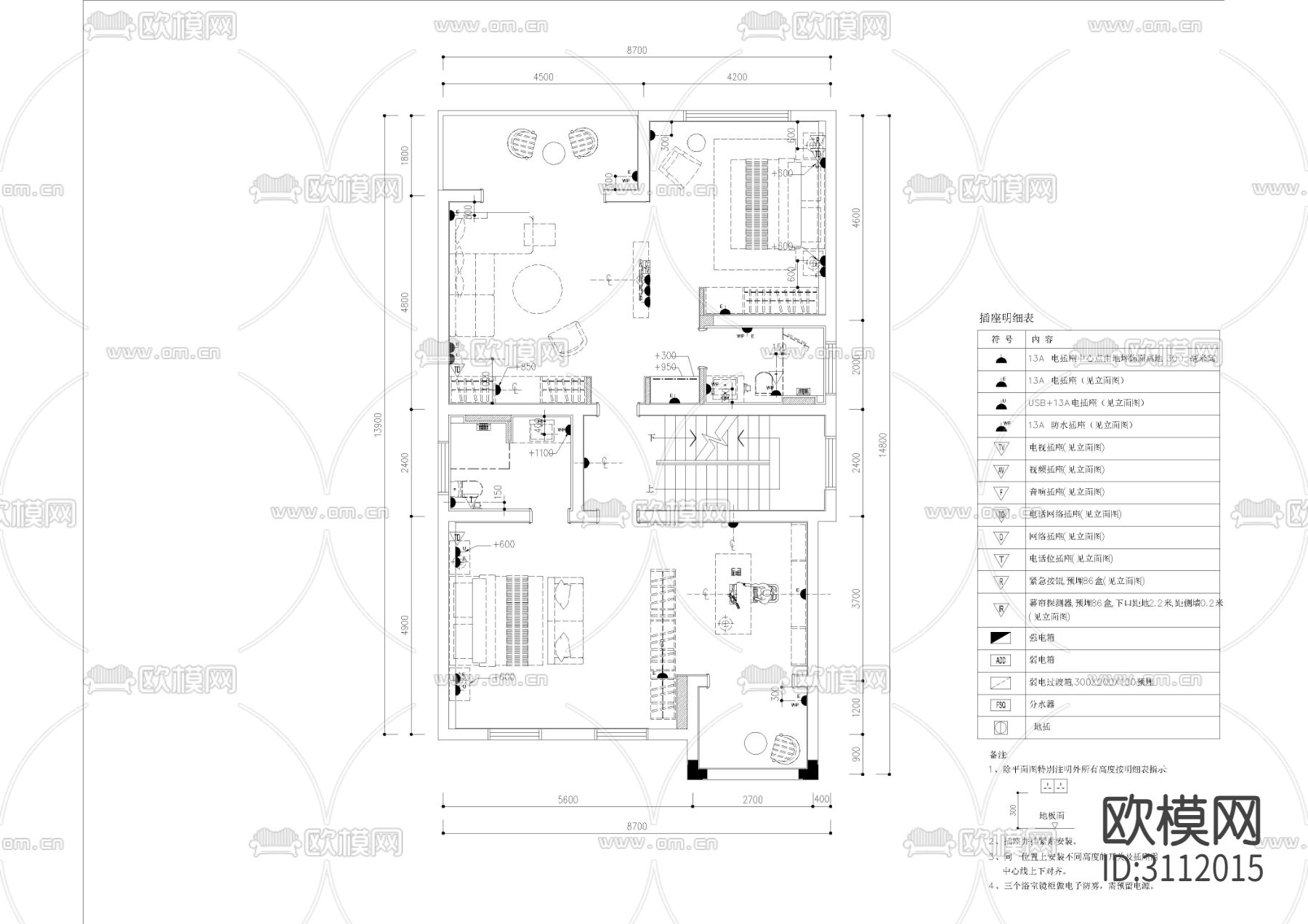 私人别墅 家装装修cad平面图下载（渲染图1）