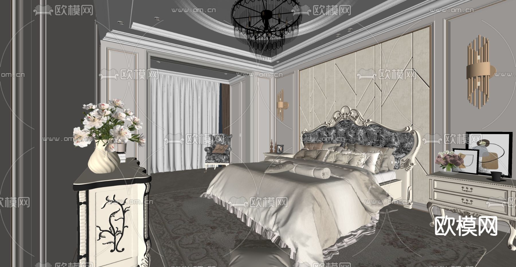 欧式卧室 主卧 主人房su模型下载（渲染图3）