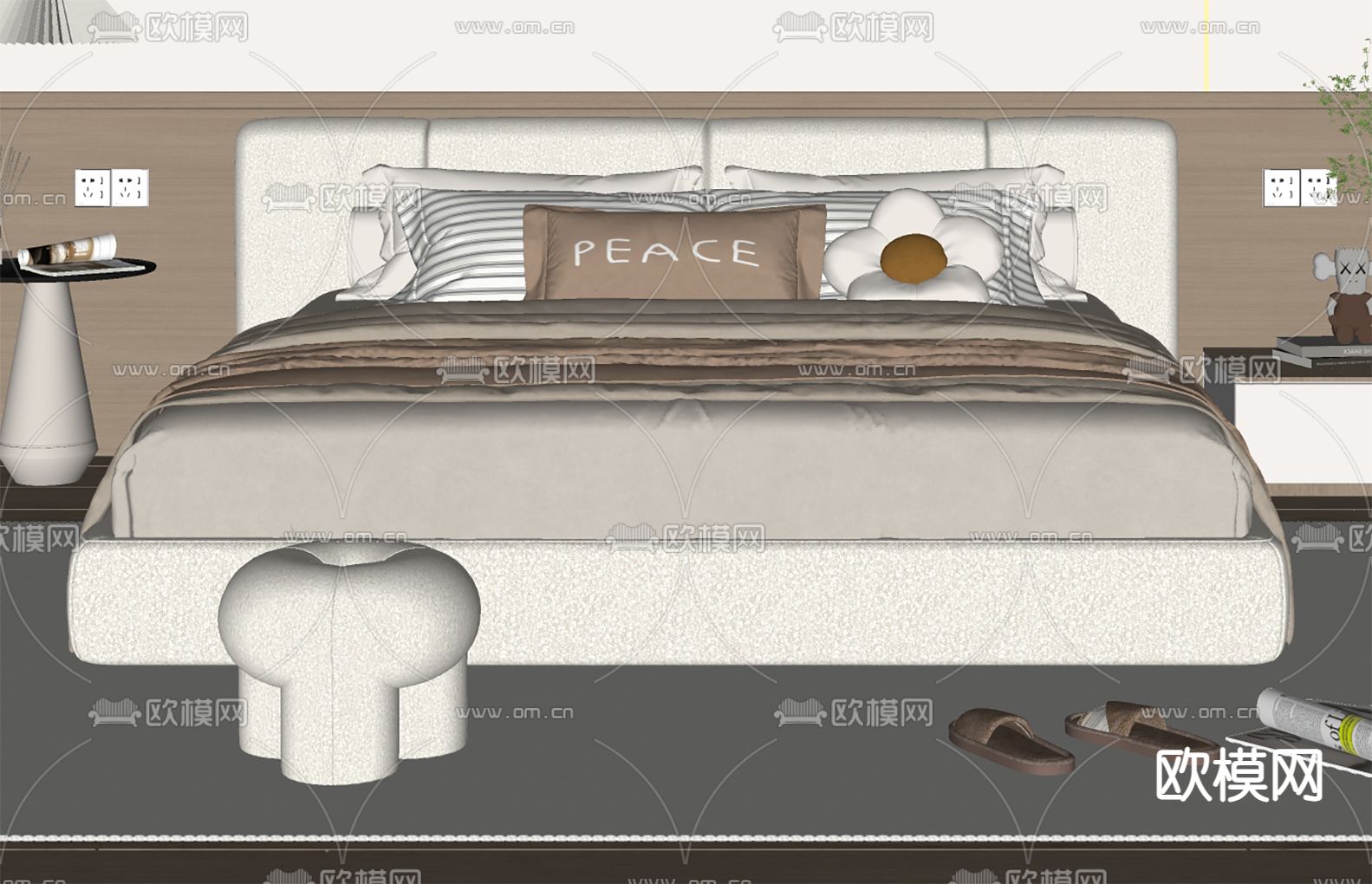 奶油风双人床su模型下载（渲染图2）
