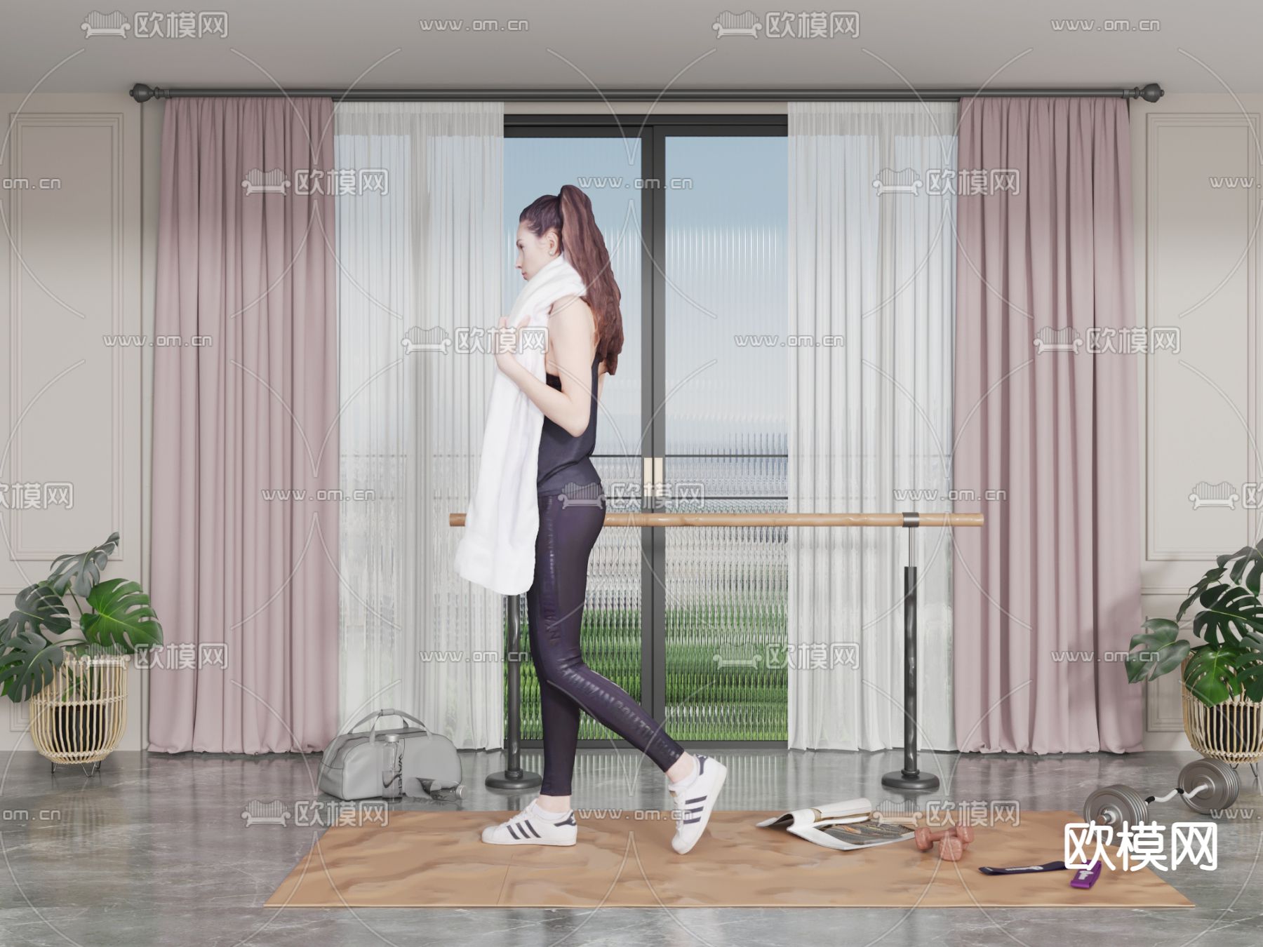 现代窗帘 健身器材su模型下载（渲染图1）