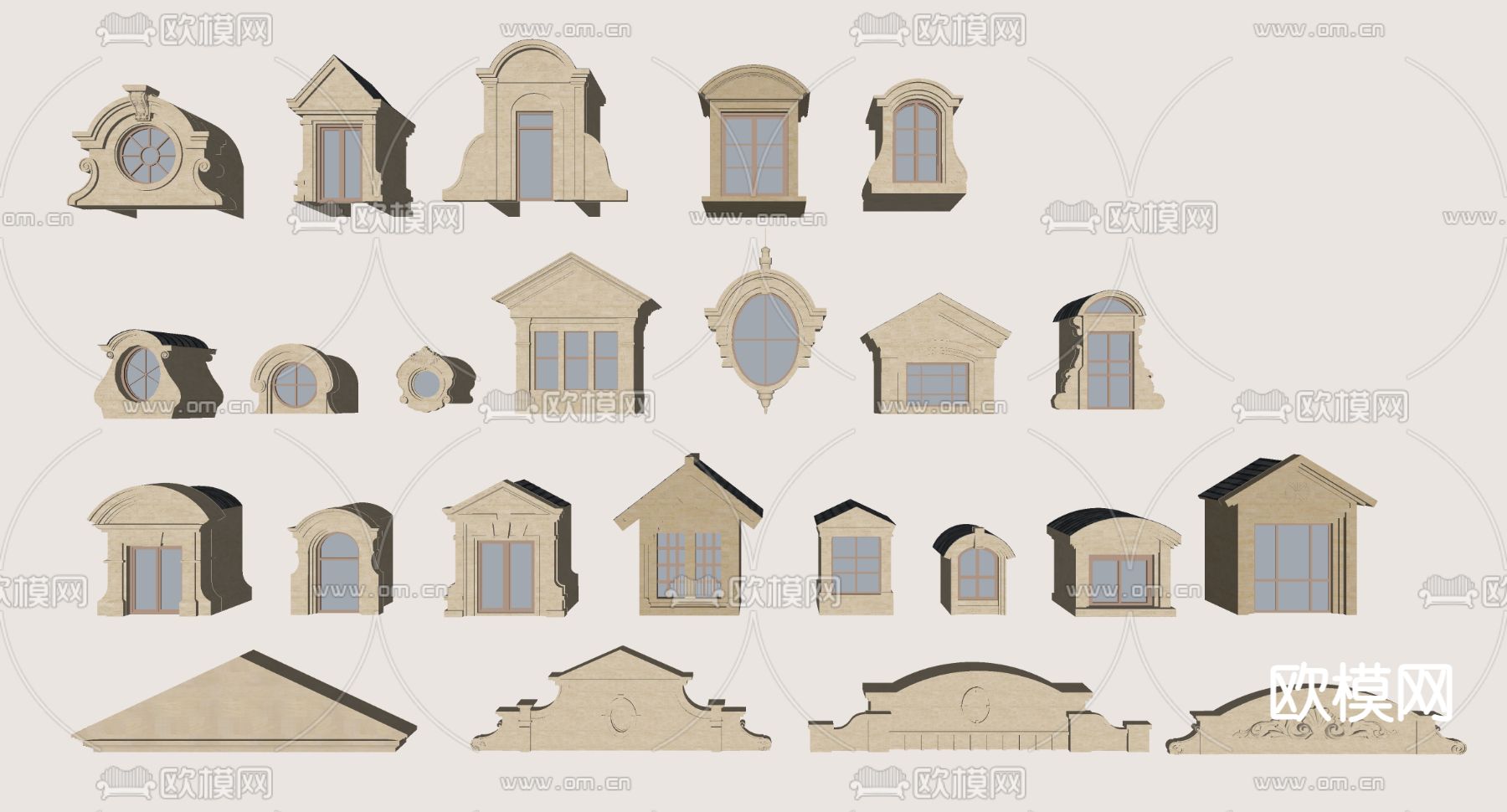 欧式老虎窗 三角顶 穹顶窗户su模型下载（渲染图2）