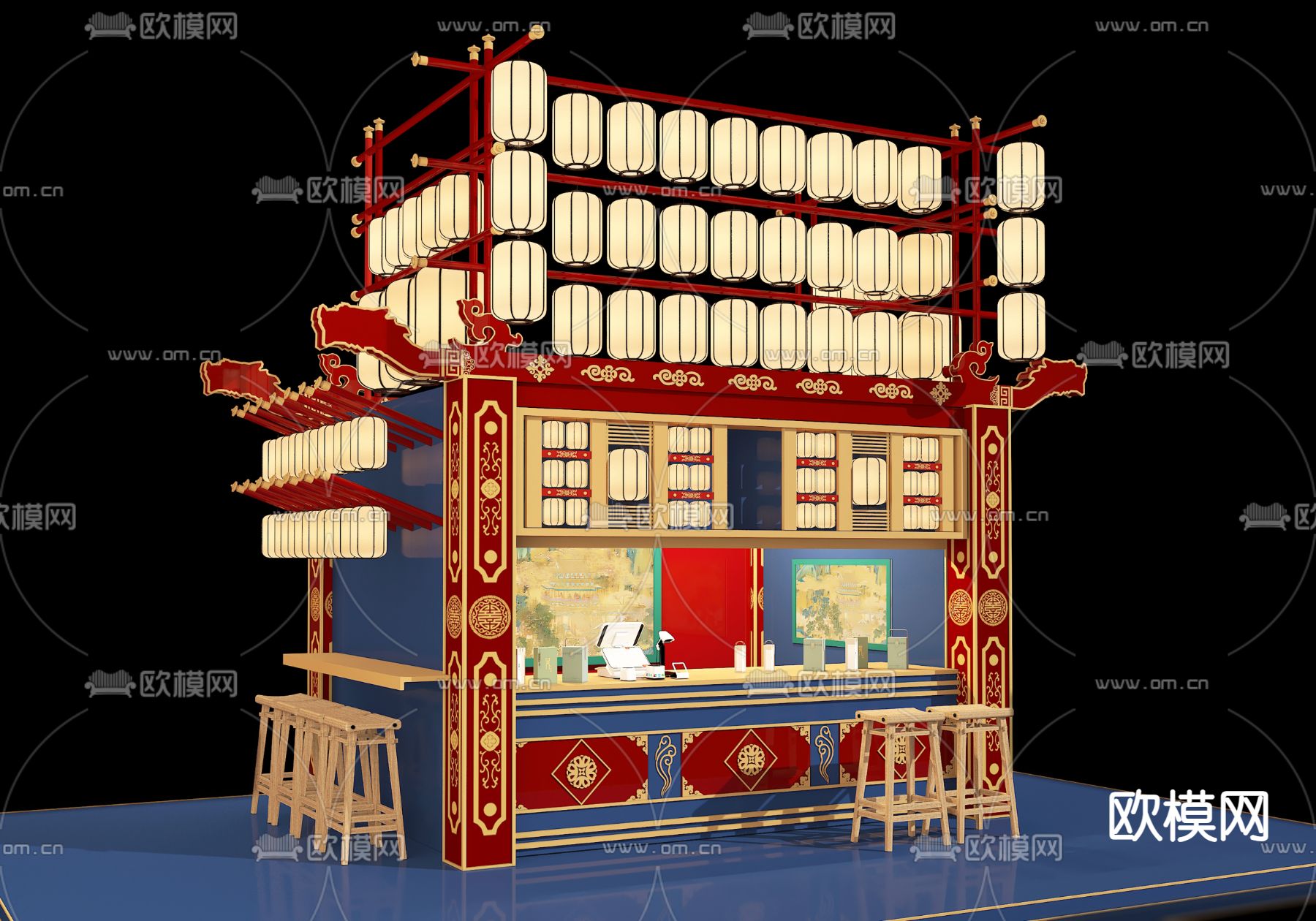 新中式 门头商铺 明档 花车su模型下载（渲染图1）