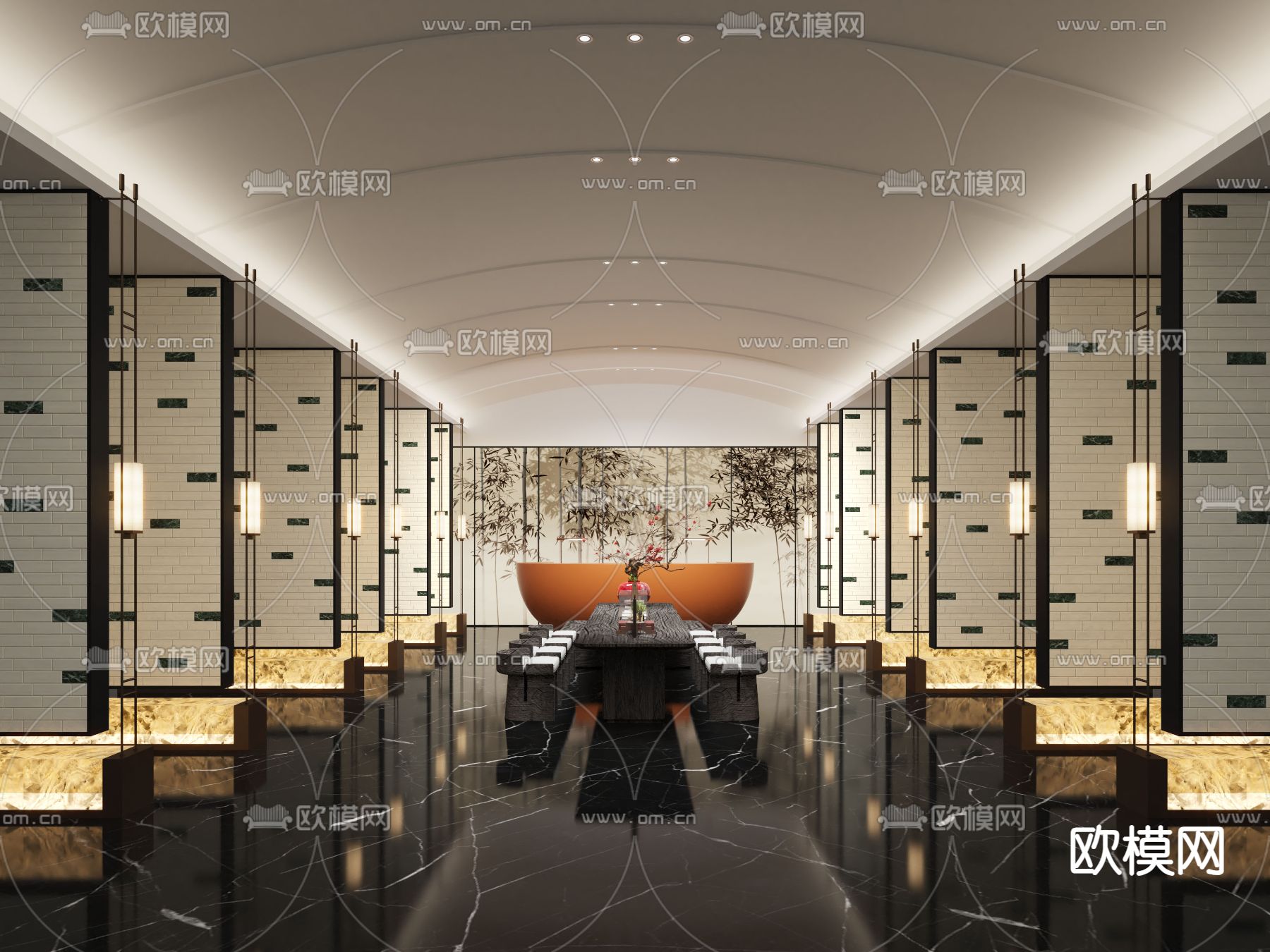 新中式 酒店前台 大堂su模型下载（渲染图1）