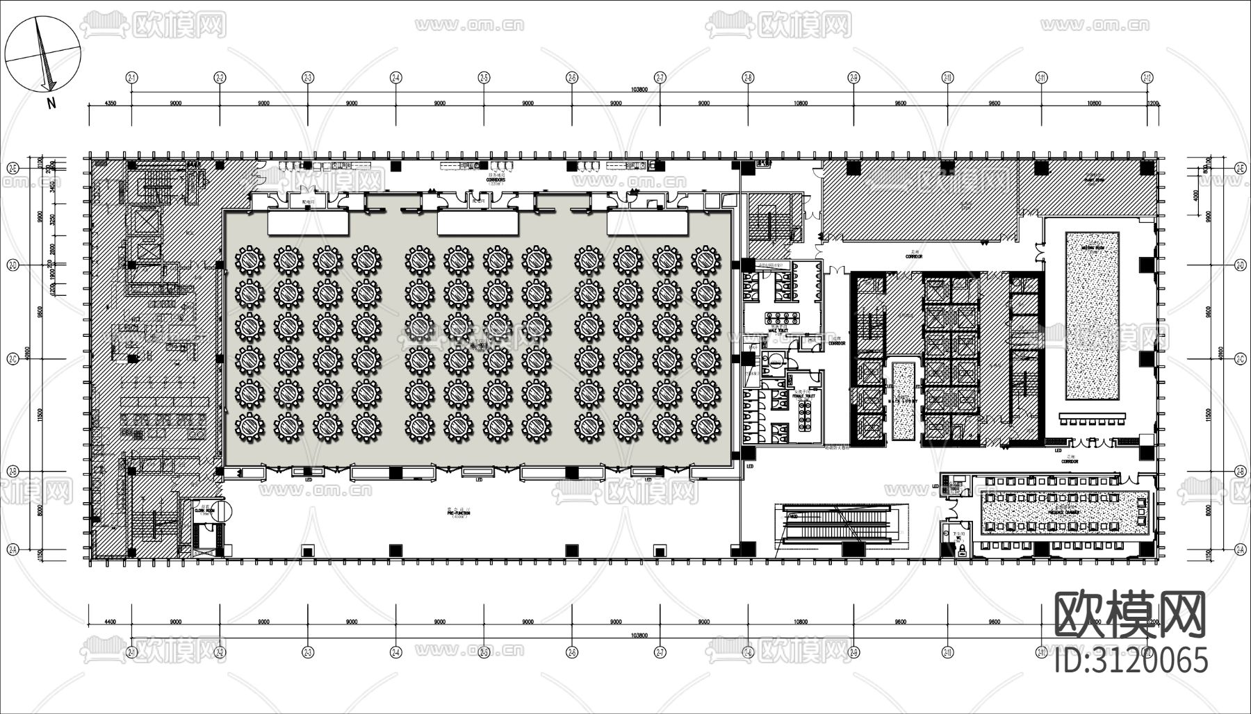 酒店千平宴会厅cad平面图下载（渲染图1）
