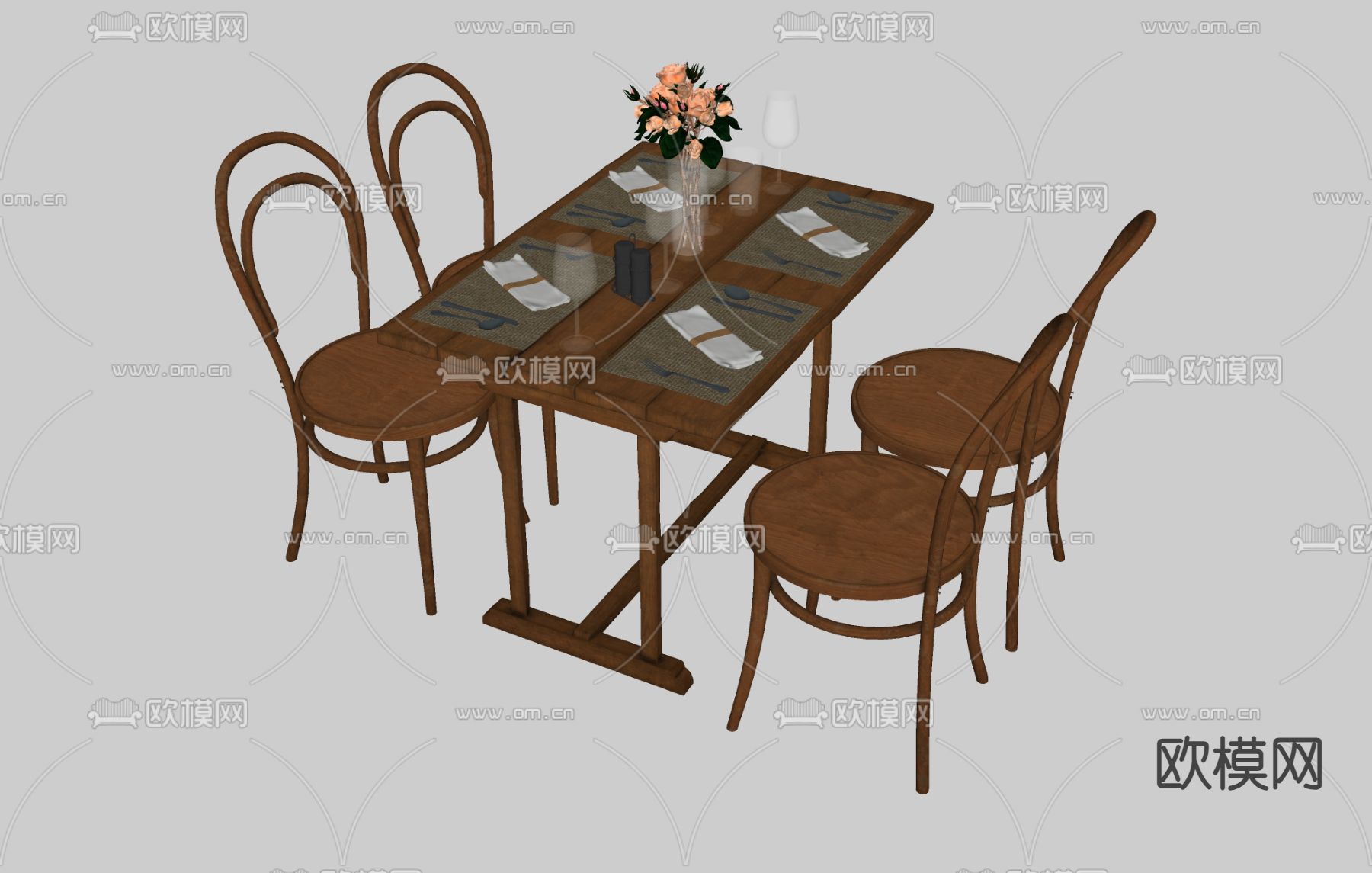 中古风餐桌椅su模型下载（渲染图1）