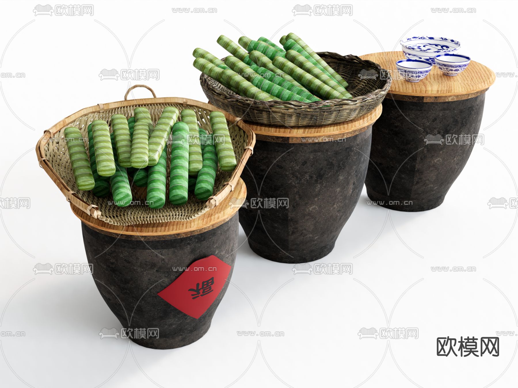 水缸 陶缸 食物 粽子 碗 糍粑su模型下载（渲染图2）