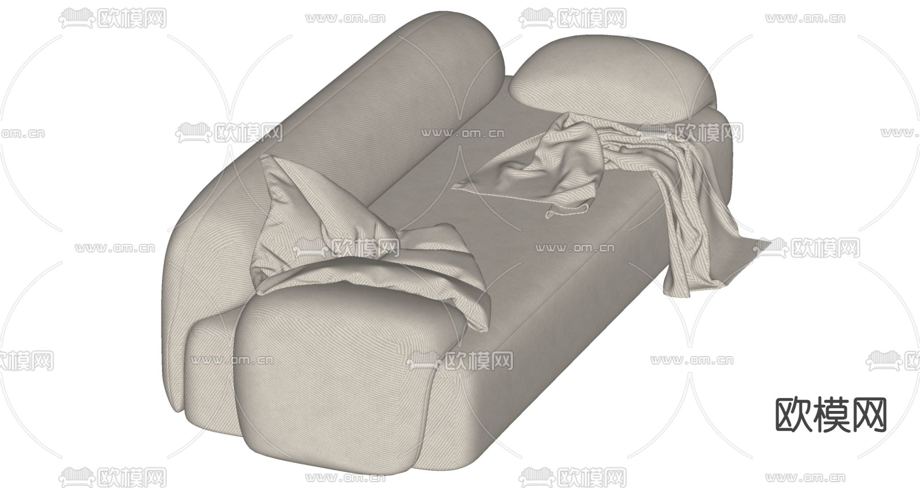 奶油风多人沙发su模型下载（渲染图1）