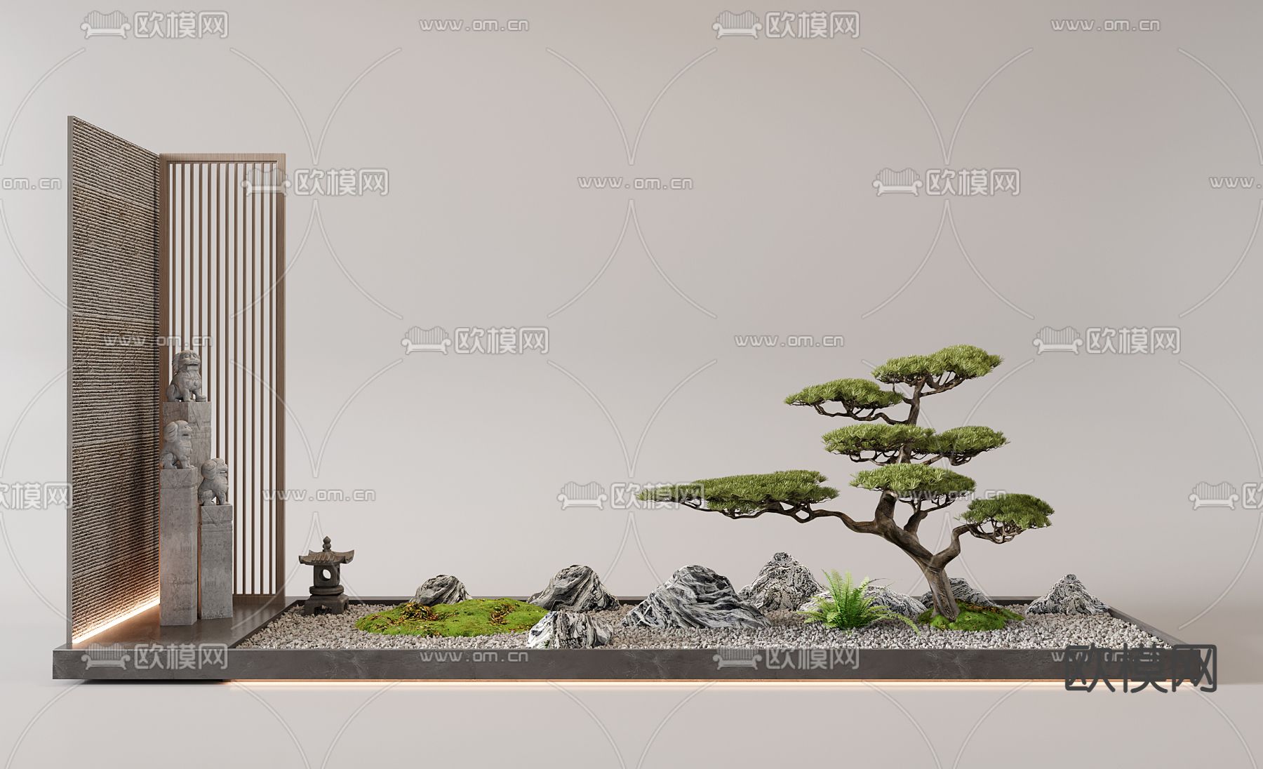 室内景观 松树造景 石狮子雕塑3d模型下载