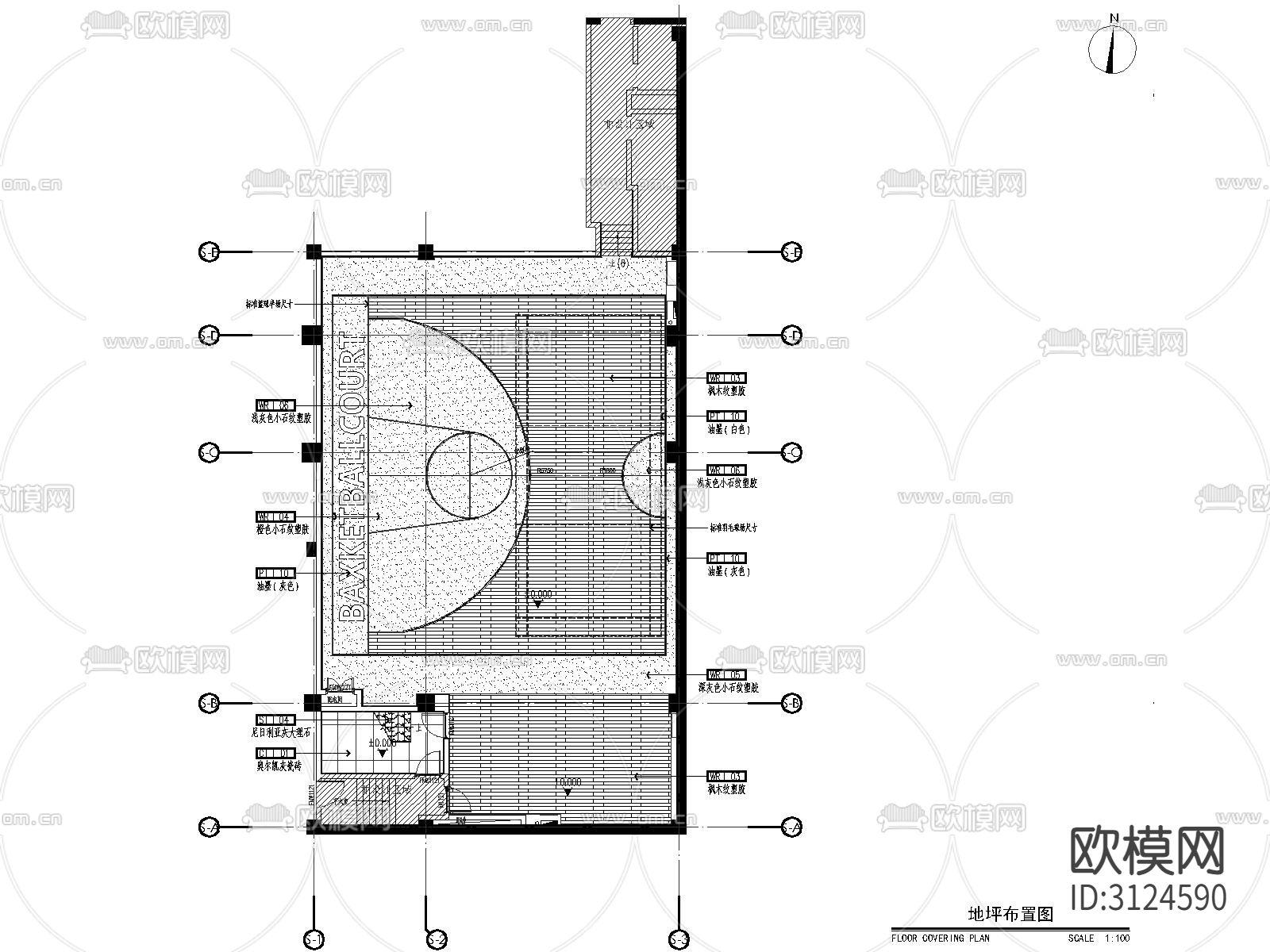 体育馆 篮球馆 运动馆cad平面图下载（渲染图1）