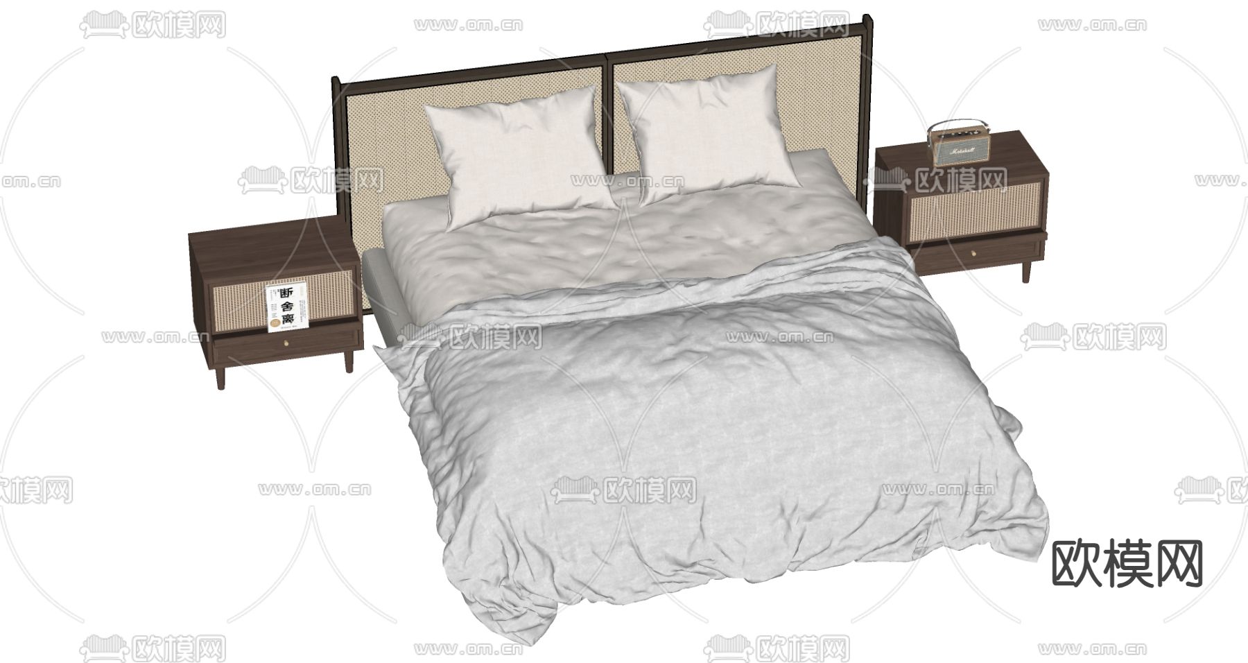 侘寂风双人床 中古风双人床su模型下载（渲染图2）