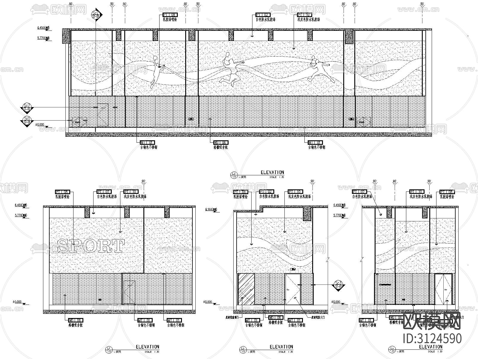 体育馆 篮球馆 运动馆cad平面图下载（渲染图3）