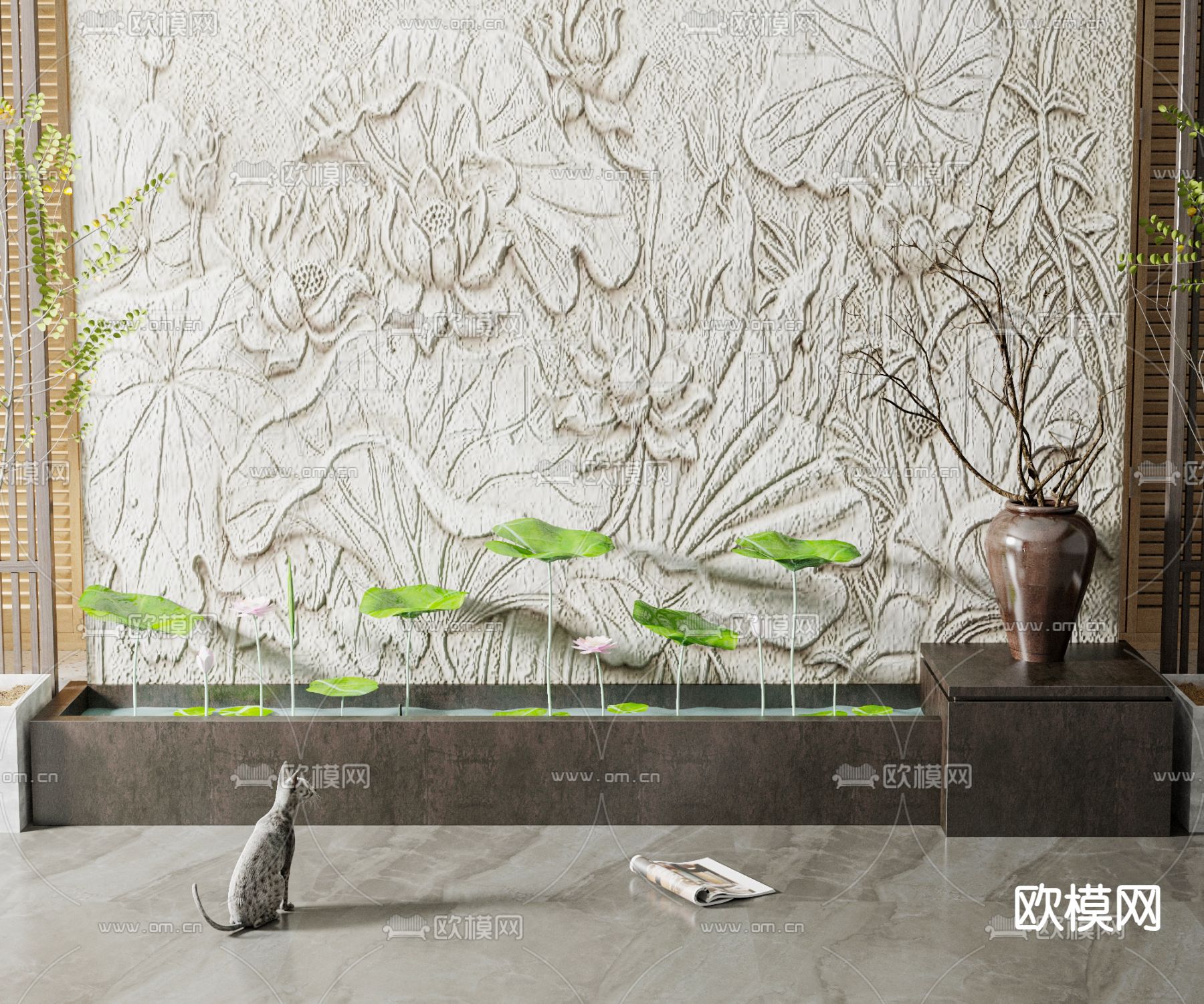 新中式荷花池 荷花小品3d模型下载