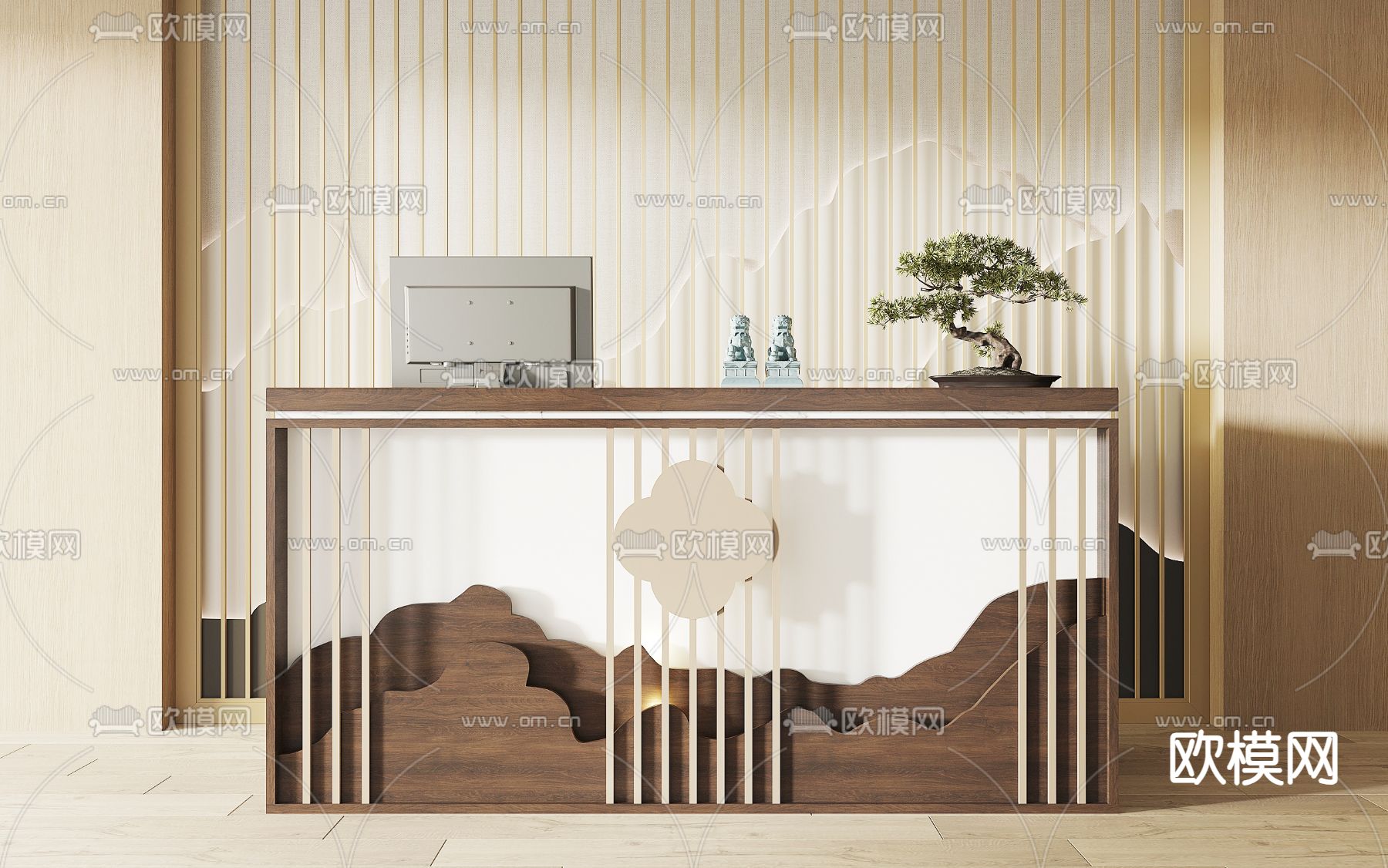 新中式接待前台su模型下载（渲染图2）