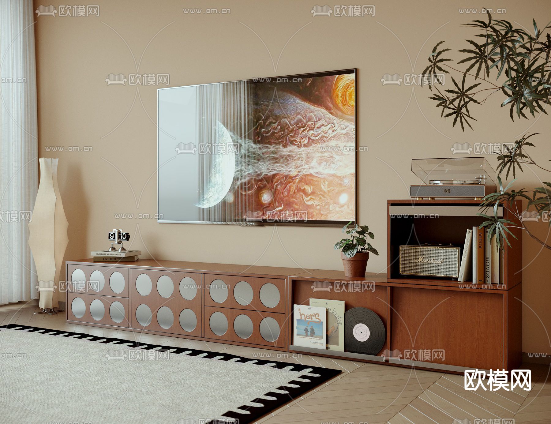 中古风电视柜su模型下载（渲染图2）