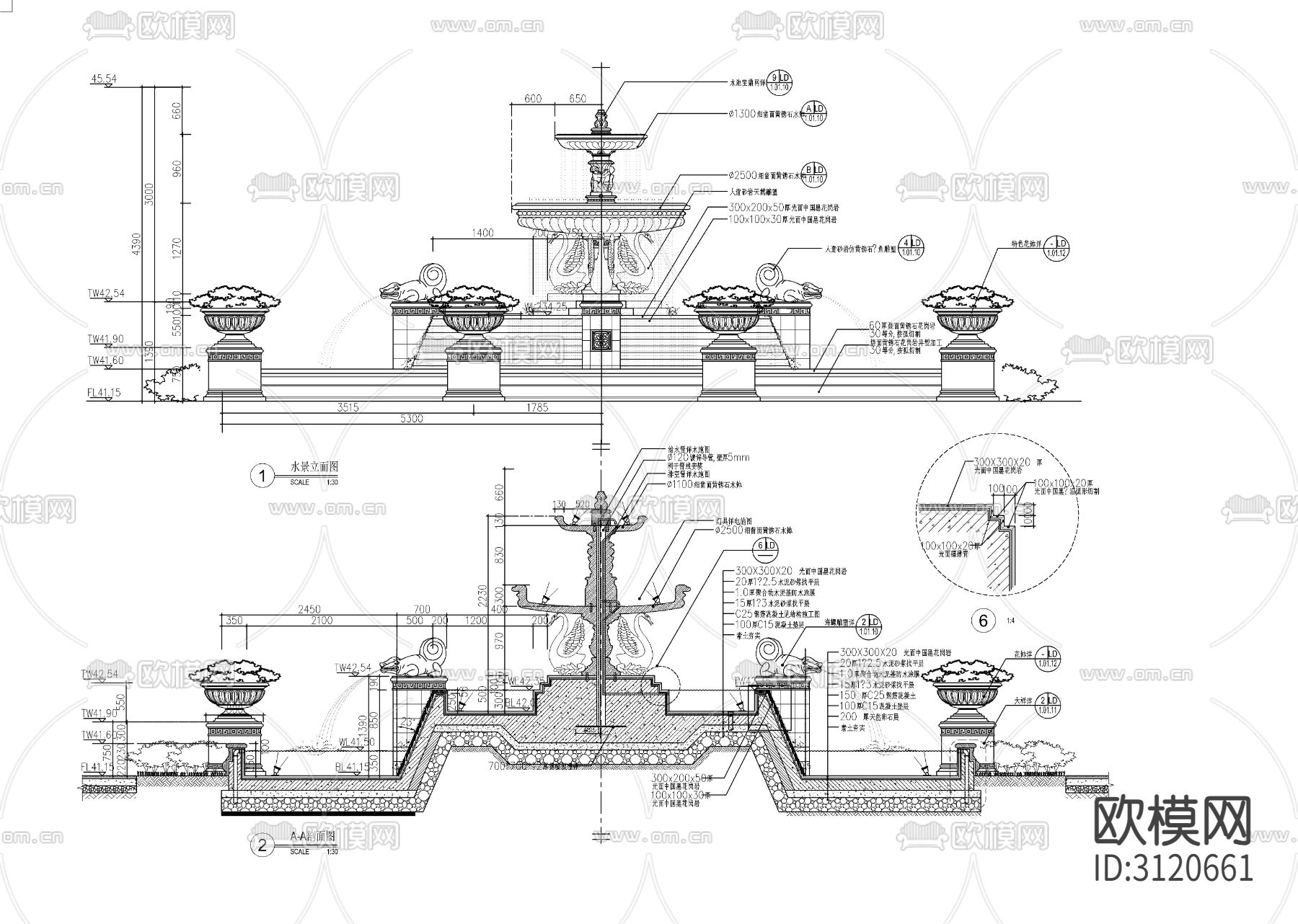 10组欧式流水水景、水钵水景cad大样图下载（渲染图2）