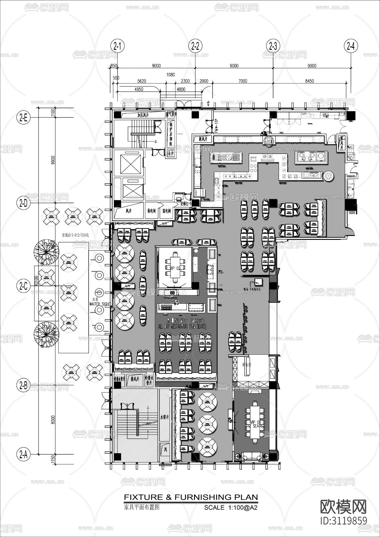 800㎡酒店全日餐厅cad平面图下载（渲染图2）
