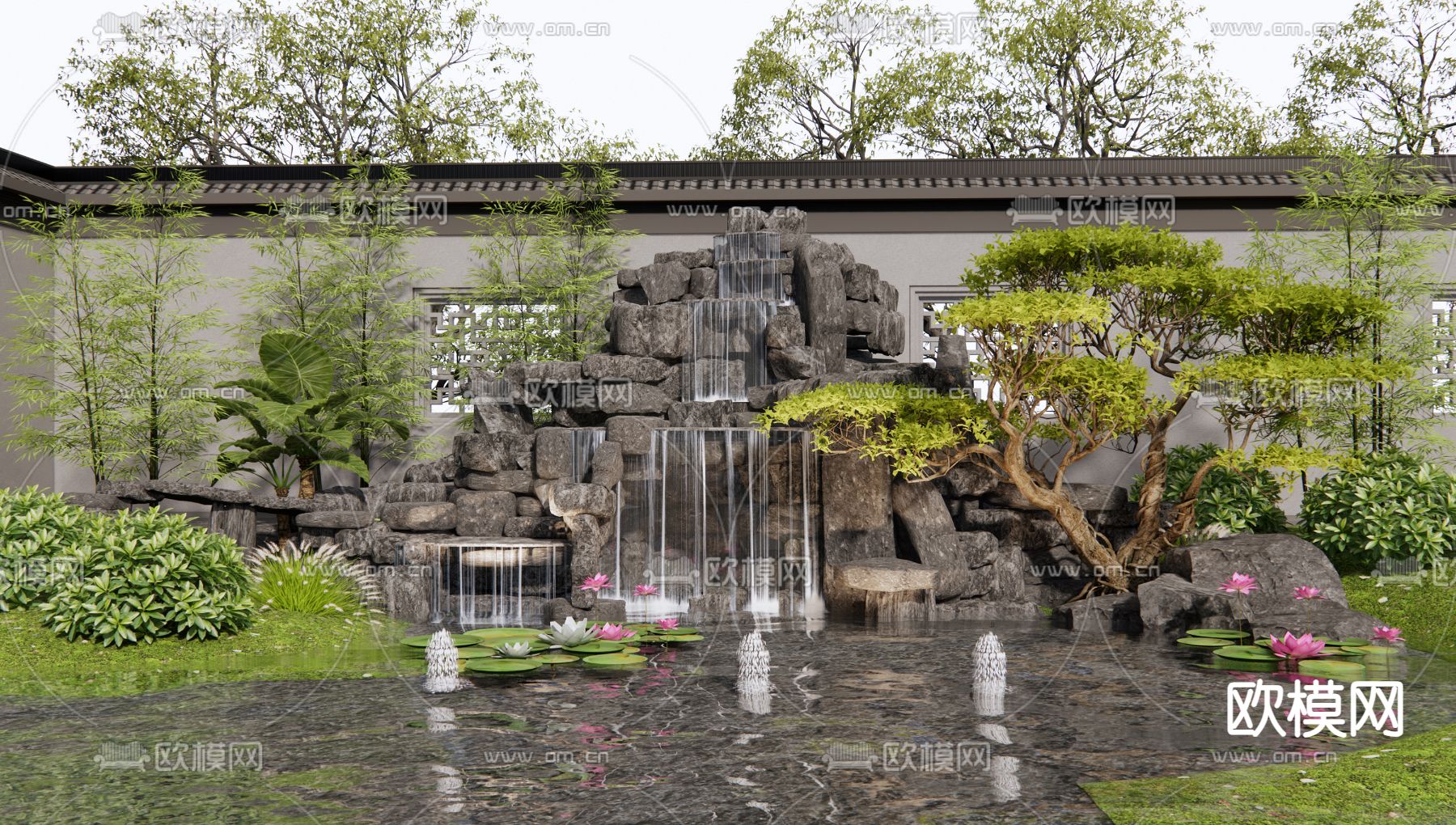 新中式假山水景 叠石跌水3d模型下载