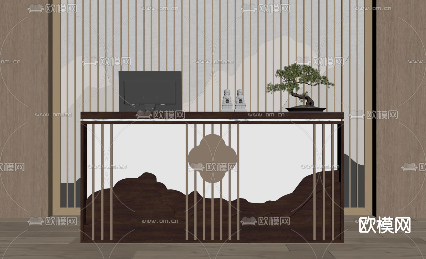 新中式接待前台su模型下载（渲染图1）