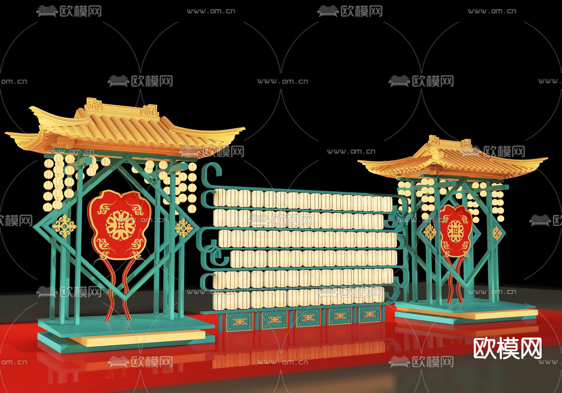 新中式网红美陈 户外装置 演绎舞台su模型下载（渲染图1）