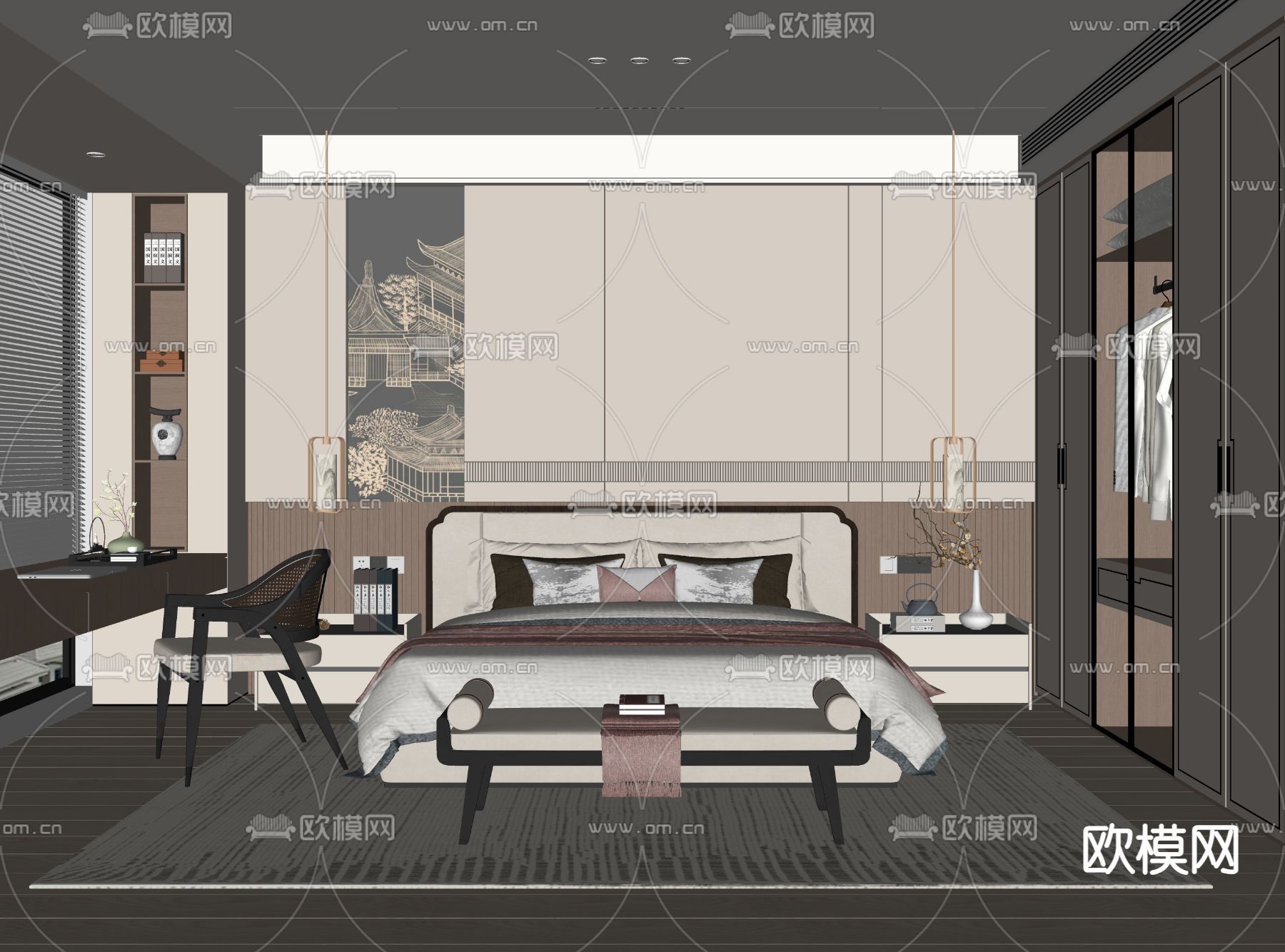 新中式卧室 主卧 主人房su模型下载（渲染图1）