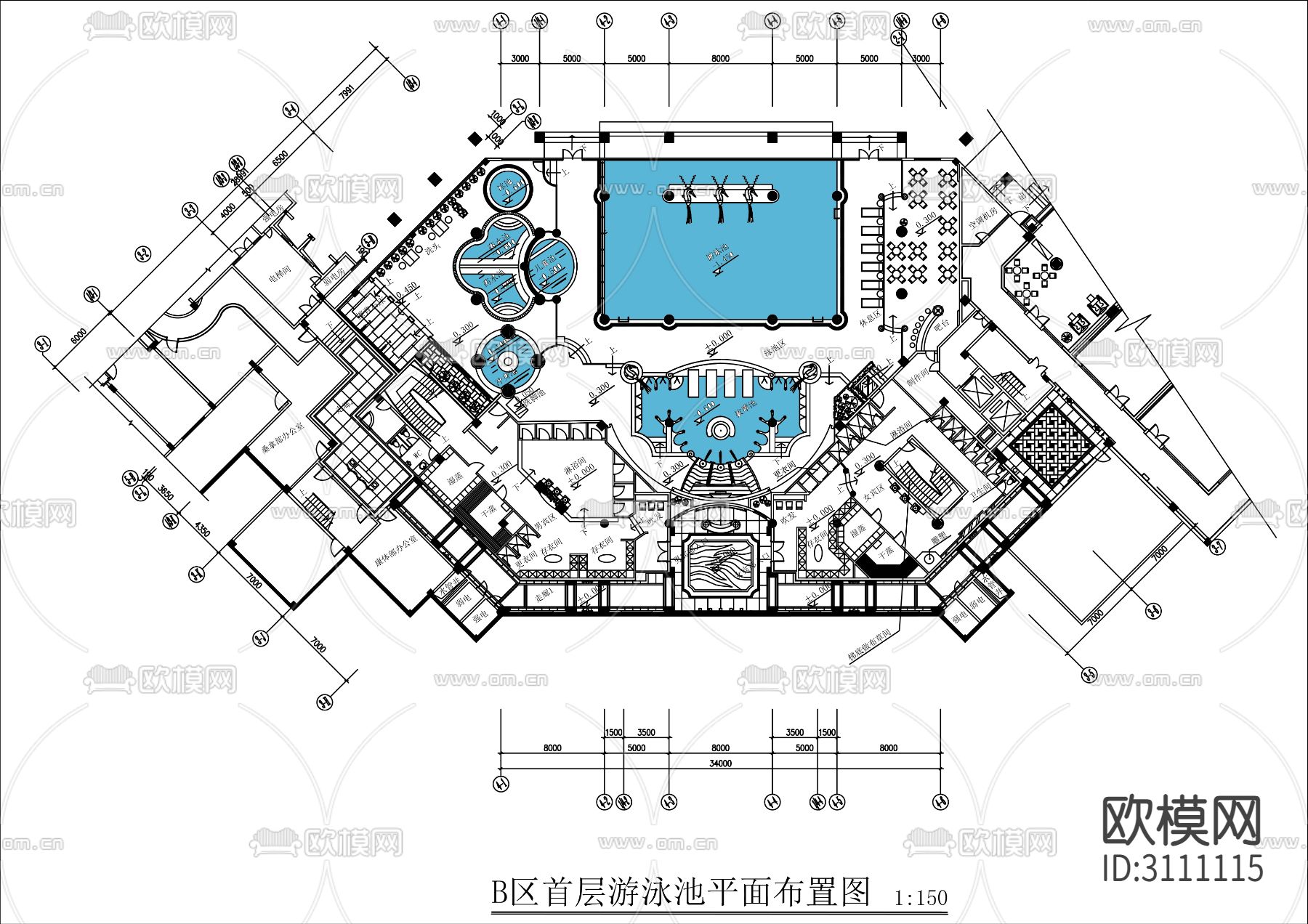 酒店 游泳池cad平面布置图下载