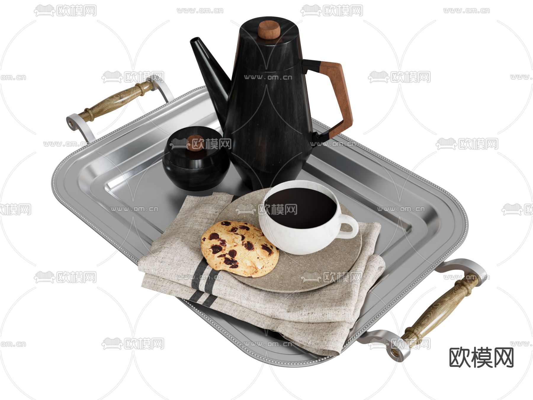 茶具美食 咖啡杯 饼干 咖啡壶 抹布su模型下载（渲染图2）