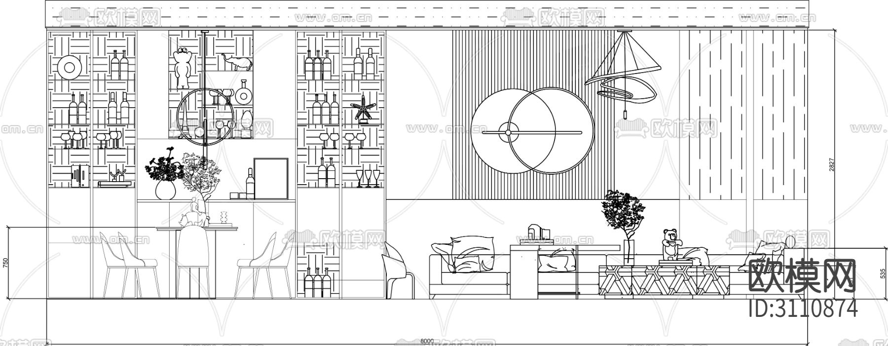 室内家装 客餐厅cad立面图下载（渲染图2）