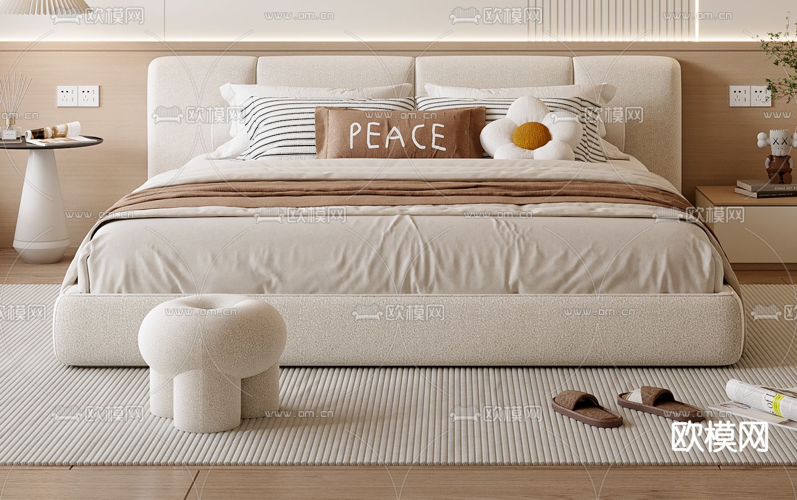 奶油风双人床su模型下载（渲染图1）