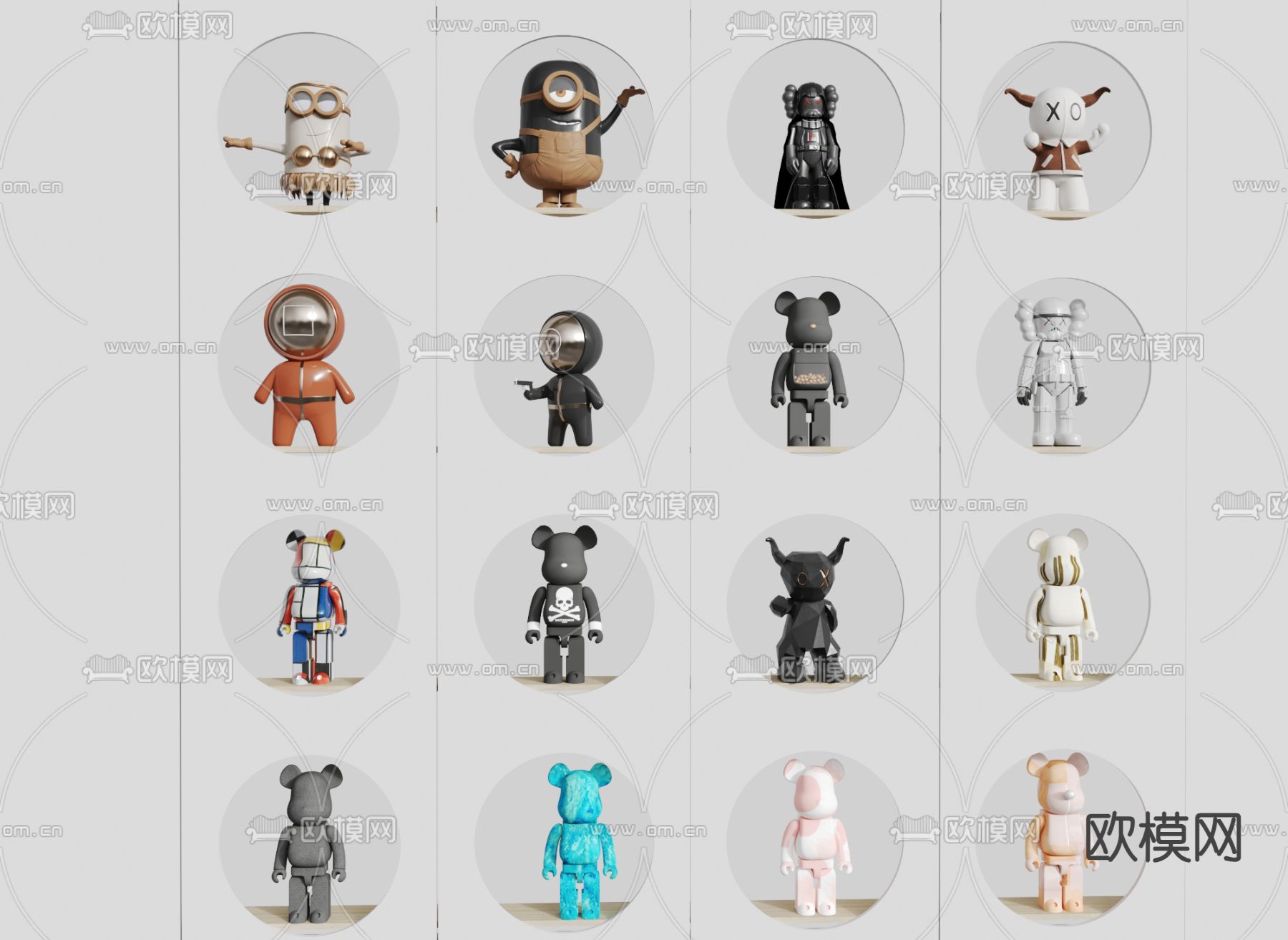 现代玩具 公仔熊 手办 手办墙su模型下载（渲染图1）