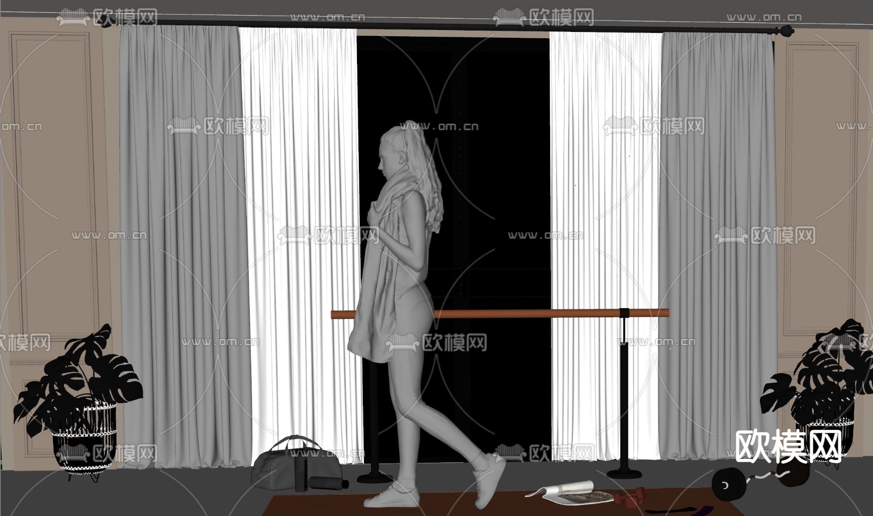 现代窗帘 健身器材su模型下载（渲染图2）