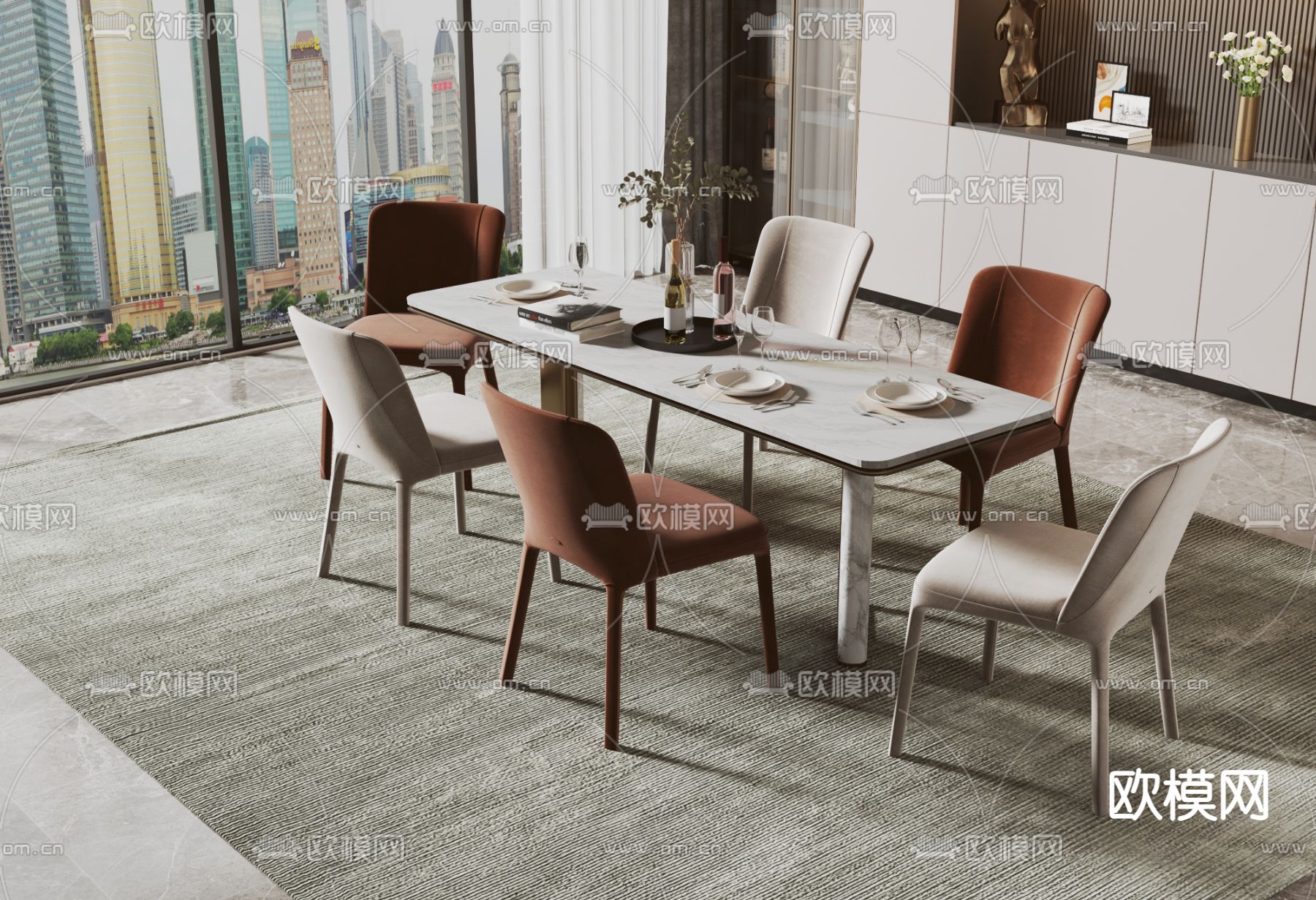 长条餐桌椅3d模型下载