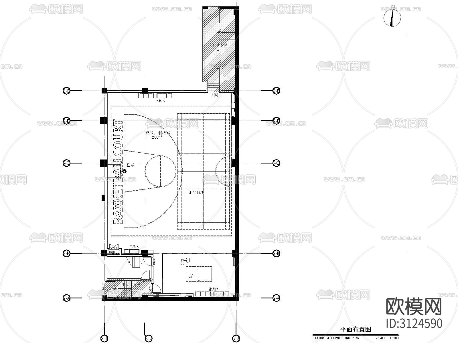 体育馆 篮球馆 运动馆cad平面图下载（渲染图2）