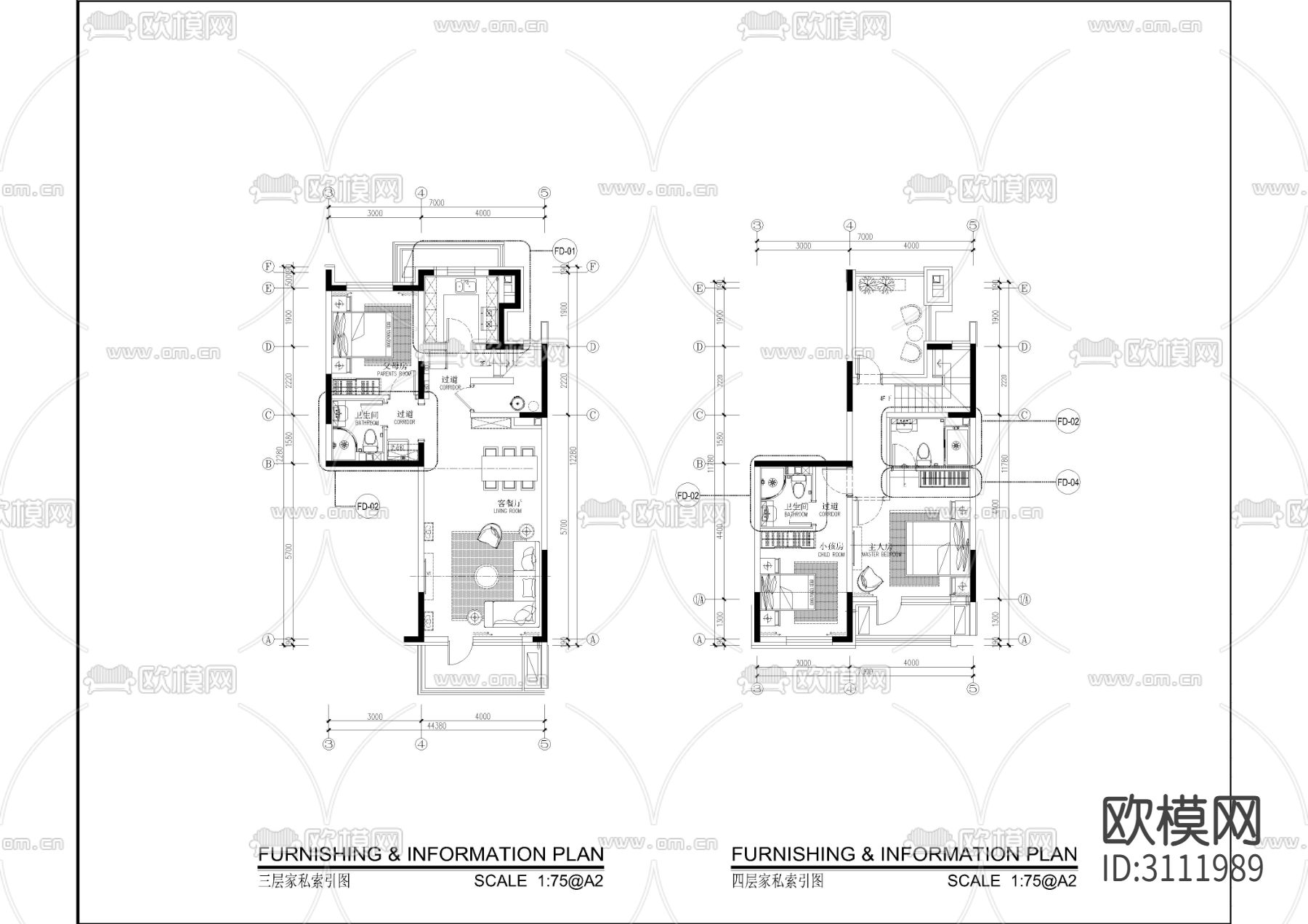 叠拼户型 家居住宅全套cad图库下载（渲染图2）