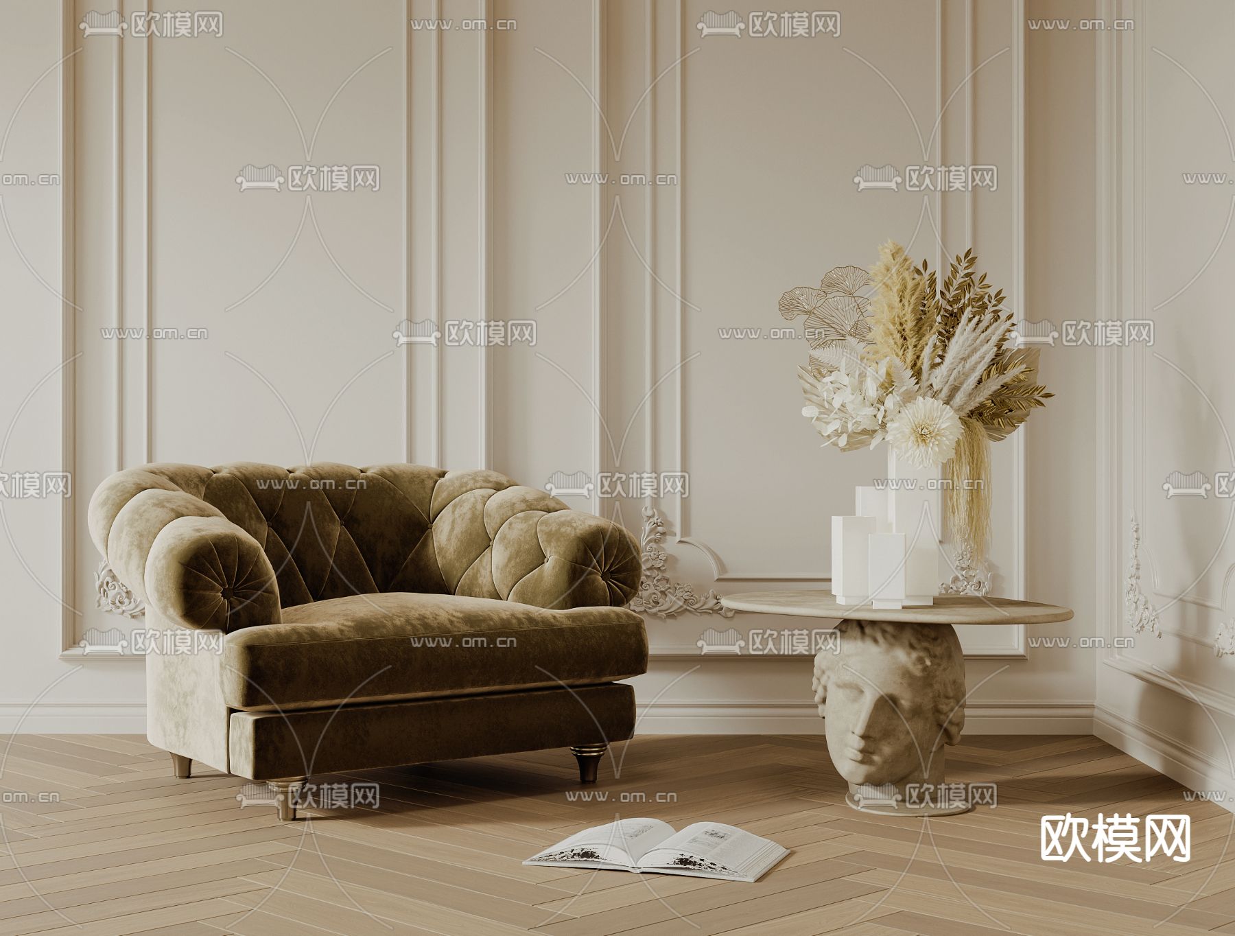 简欧单人沙发su模型下载（渲染图2）