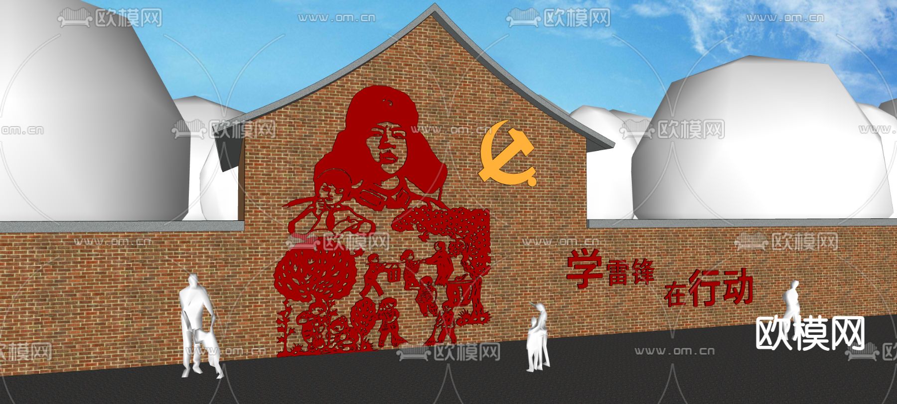 中式雷锋精神 文化墙su模型下载（渲染图1）