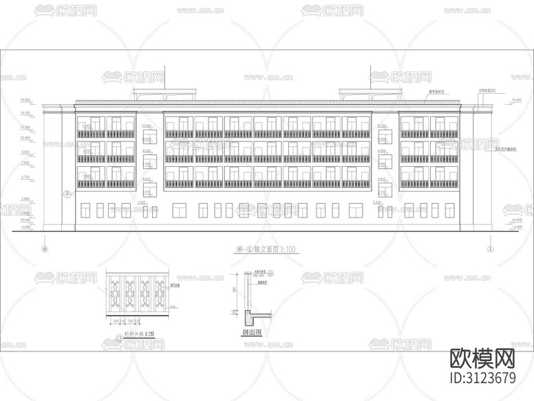 綜合樓建筑cad立面圖下載(渲染圖1)